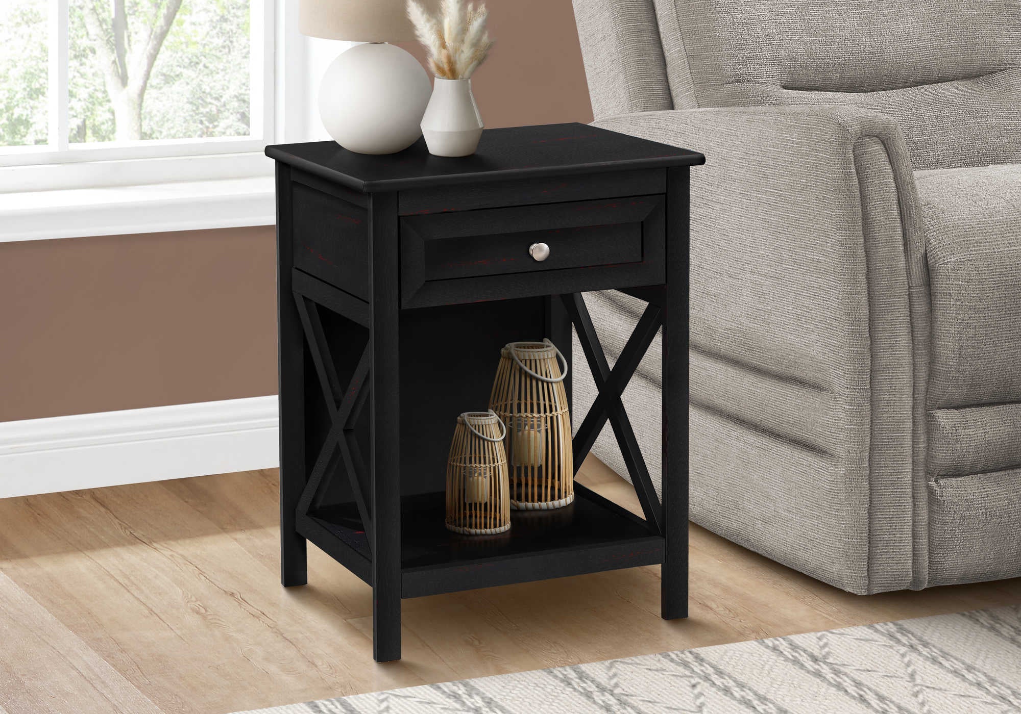 TABLE DE CHEVET - 25"H / BOIS PLAQUE NOIR – I 3986.