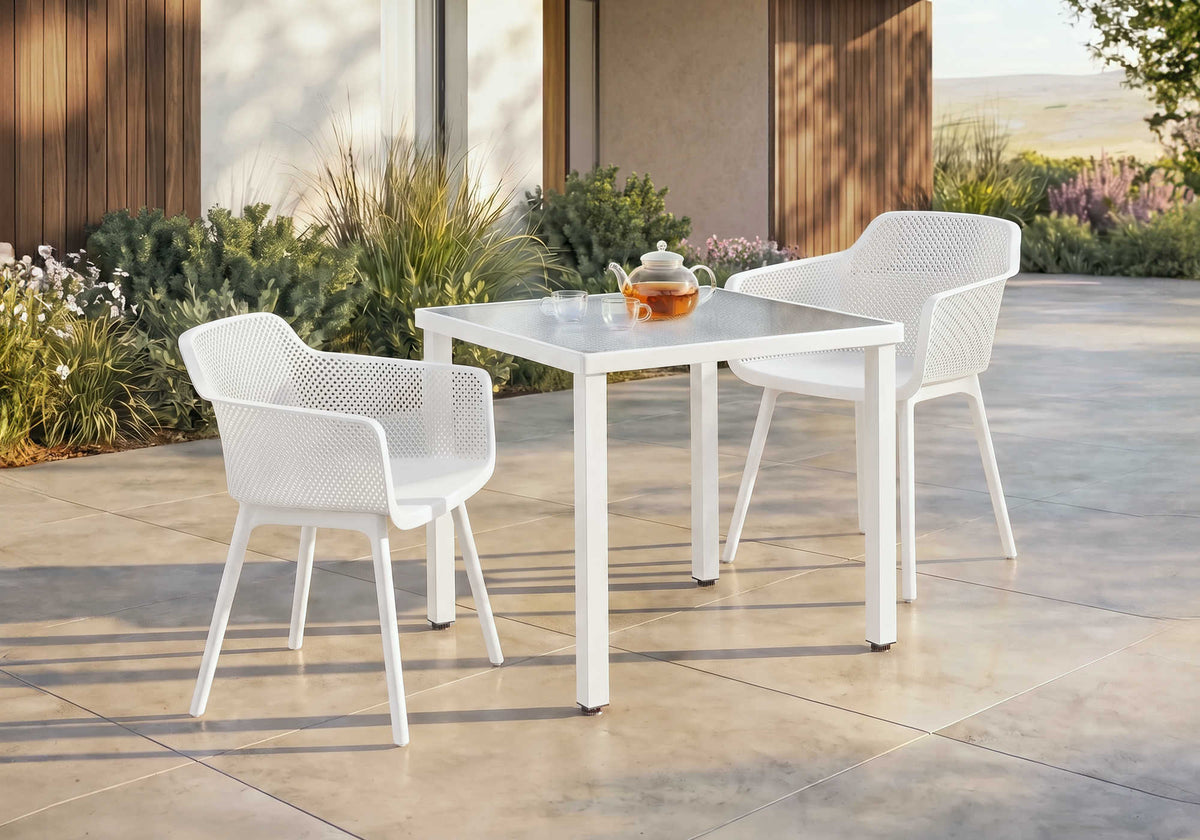 TABLE D’EXTERIEUR - 32" X 32" METAL BLANC AVEC VERRE TREMPE – I 4050