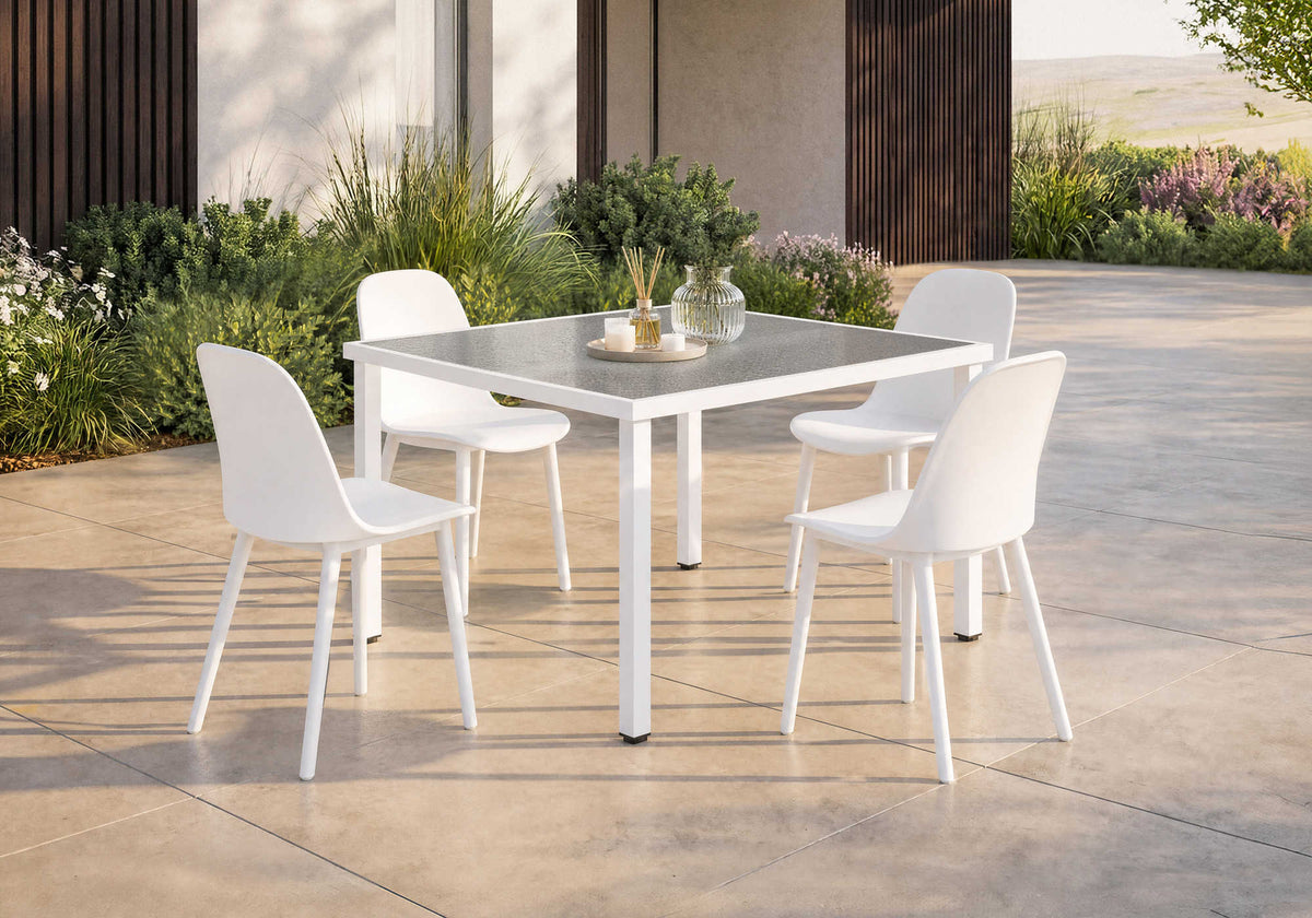 TABLE D’EXTERIEUR - 48" X 48" METAL BLANC AVEC VERRE TREMPE – I 4055