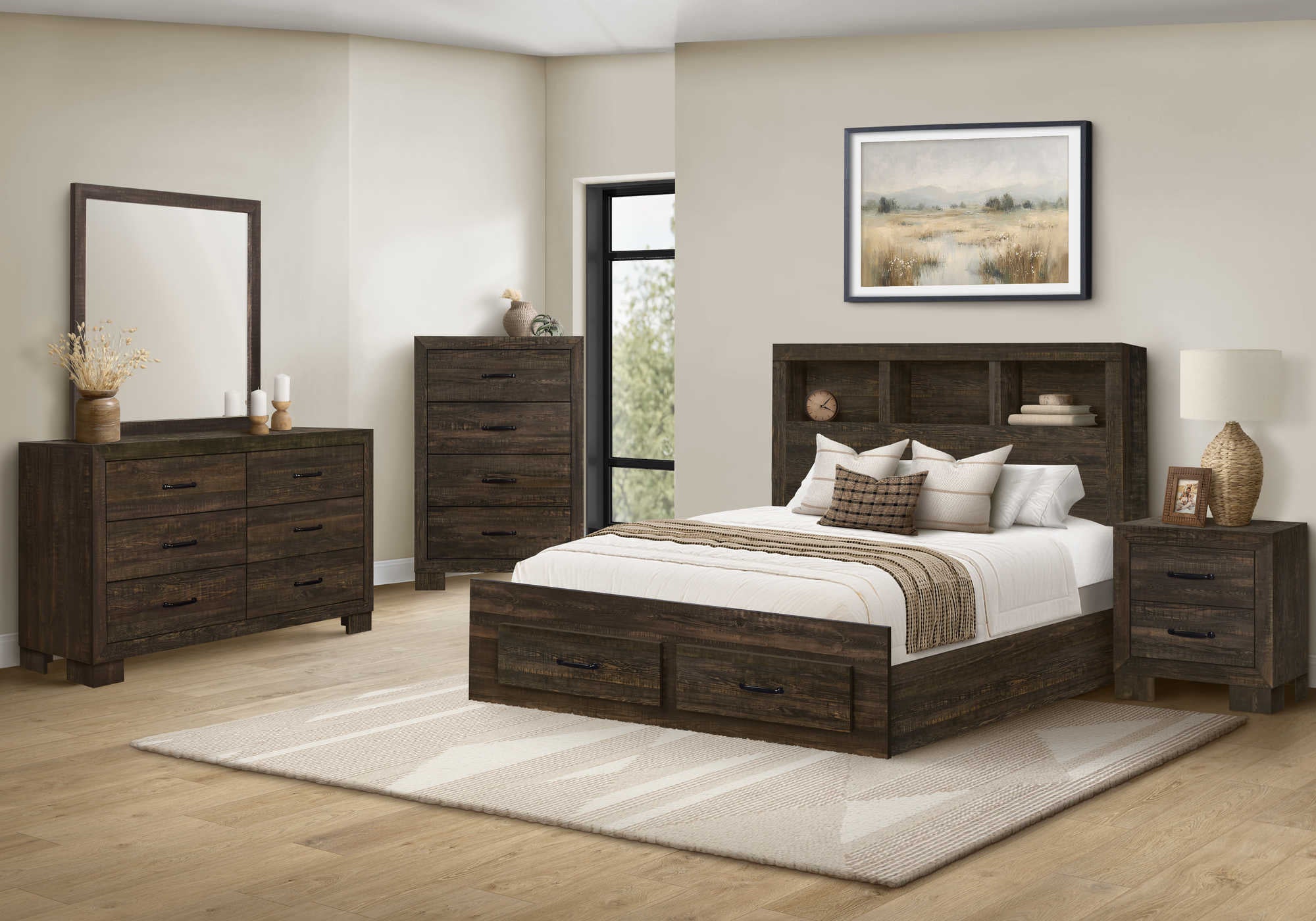CHAMBRE A COUCHER - LIT QUEEN / CHENE RUSTIQUE / TIROIR – I 5270Q