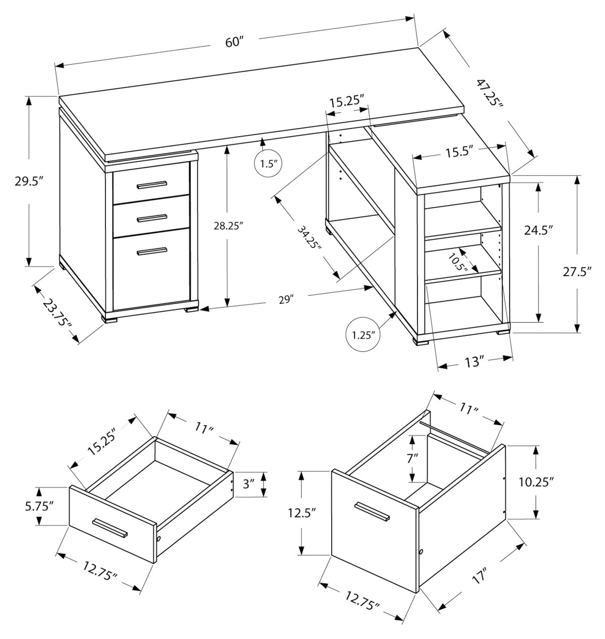 BUREAU - BLANC EN COIN COTE DROIT OU GAUCHE – I 7023