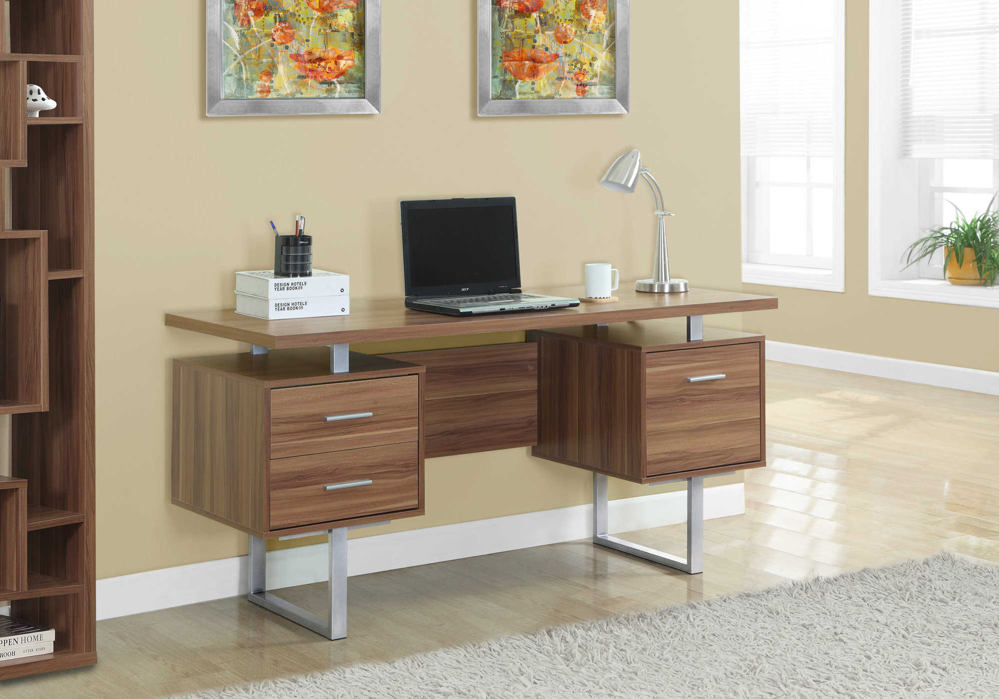 Image of computer desk - 60"l / walnut / silver metal i 7083.