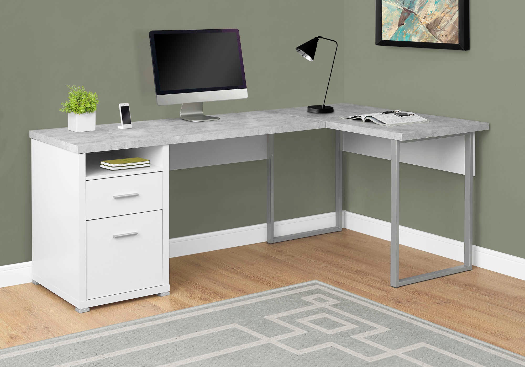 Image of computer desk - 80"l white / cement-look left/right face i 7258.