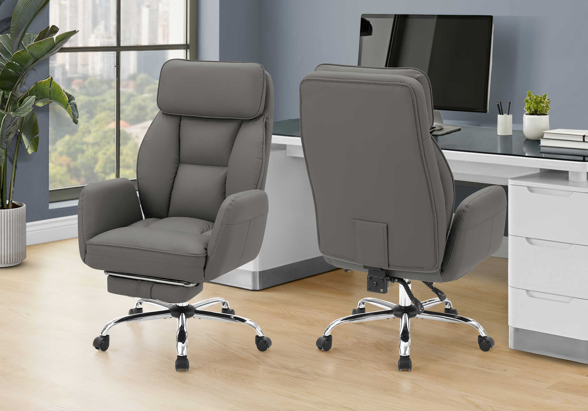 CHAISE DE BUREAU - GRIS FONCE SIMILI-CUIR / DOSSIER EXECUTIF – I 7274