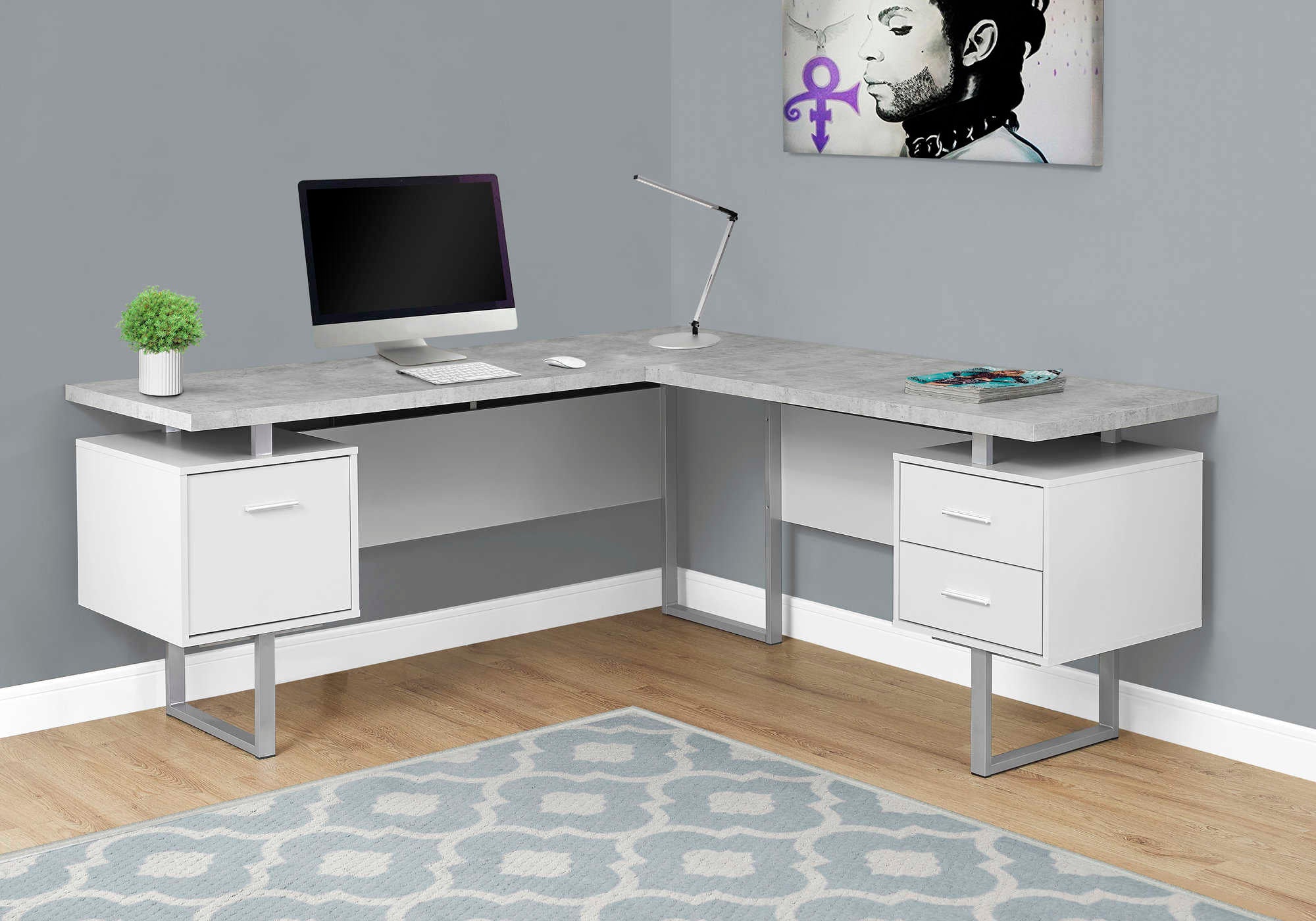 Image of computer desk - 70"l white / cement-look left/right face i 7307.