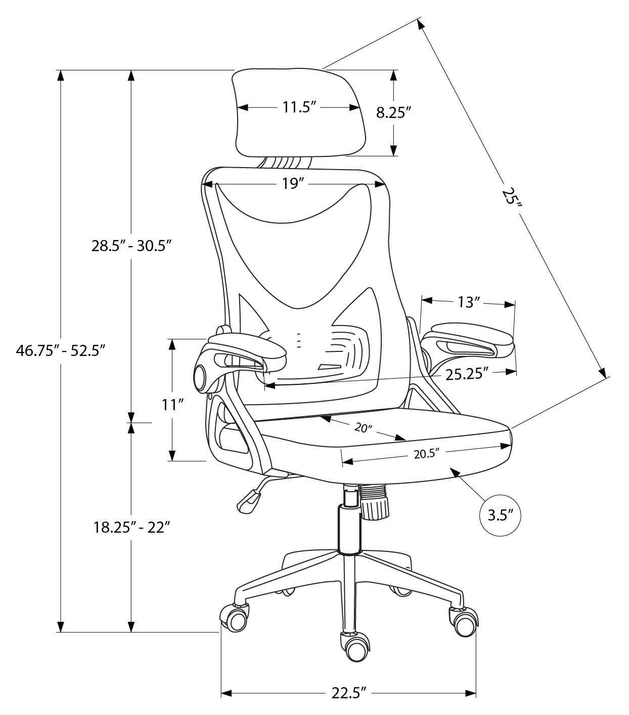 CHAISE DE BUREAU - NOIR / MECHE NOIR / MULTIPLE POSITION – I 7334