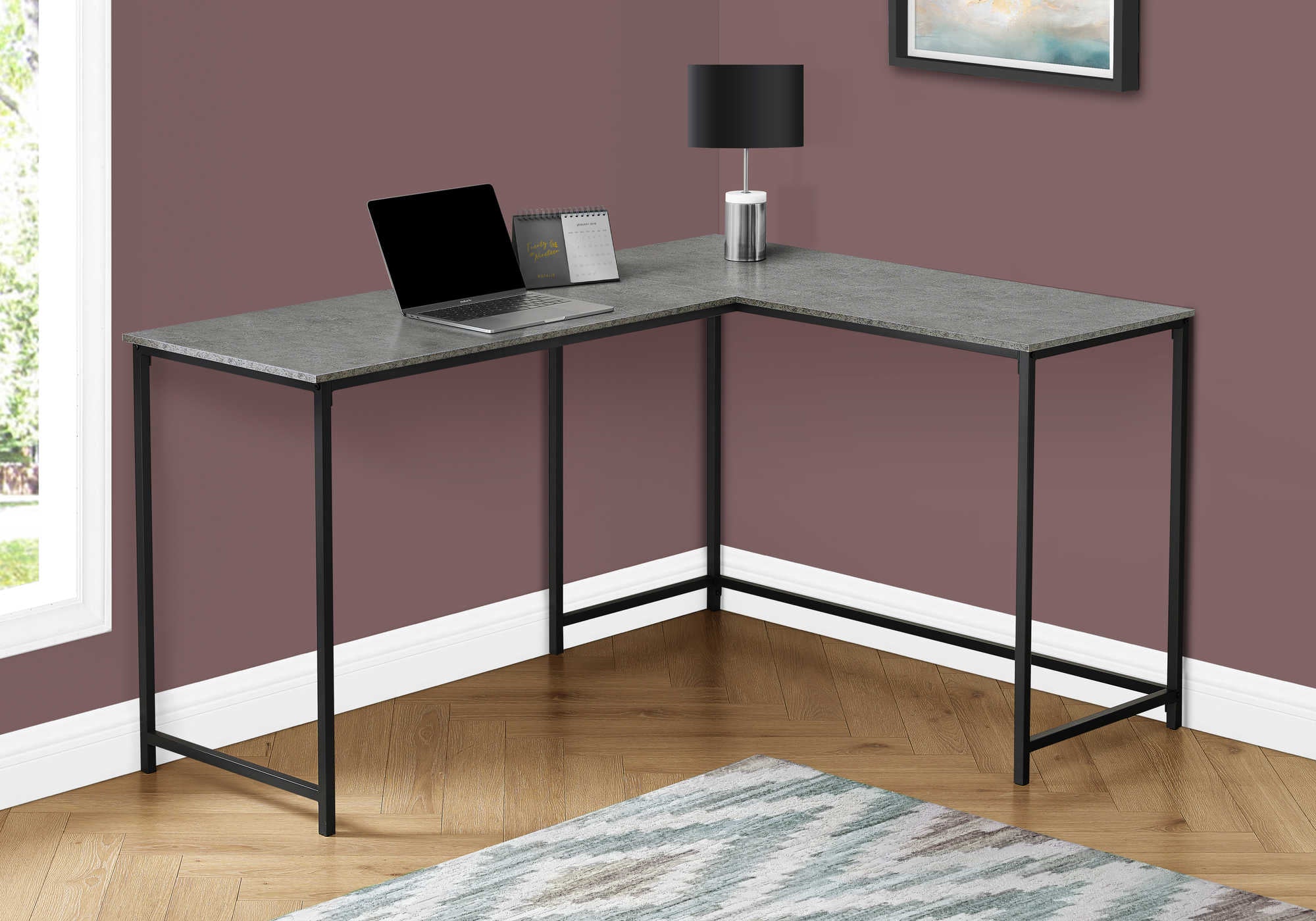 Image of computer desk - 58"l/ grey stone-look/ black metal corner i 7392.