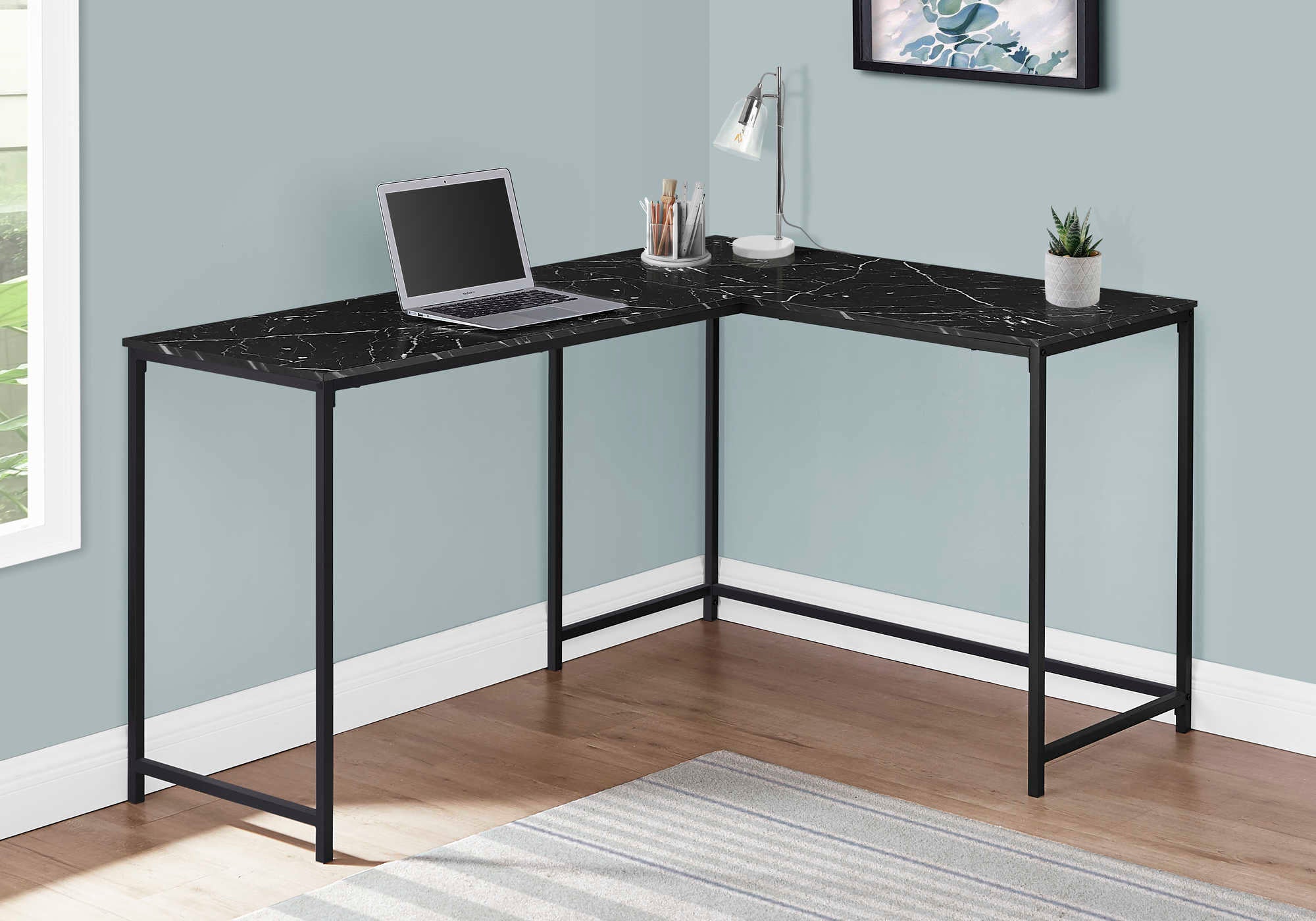 Image of computer desk - 58"l / black marble / black metal corner i 7396.