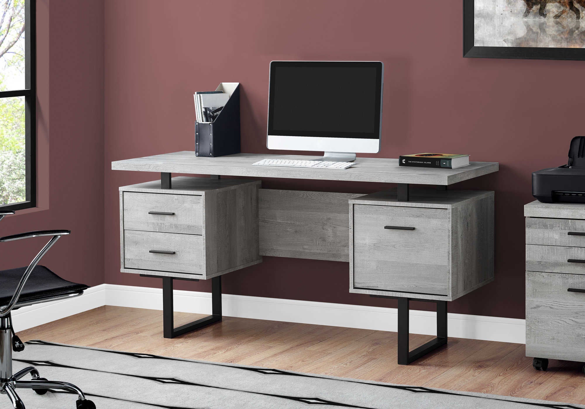 Image of computer desk - 60"l / grey reclaimed wood / black metal i 7417.