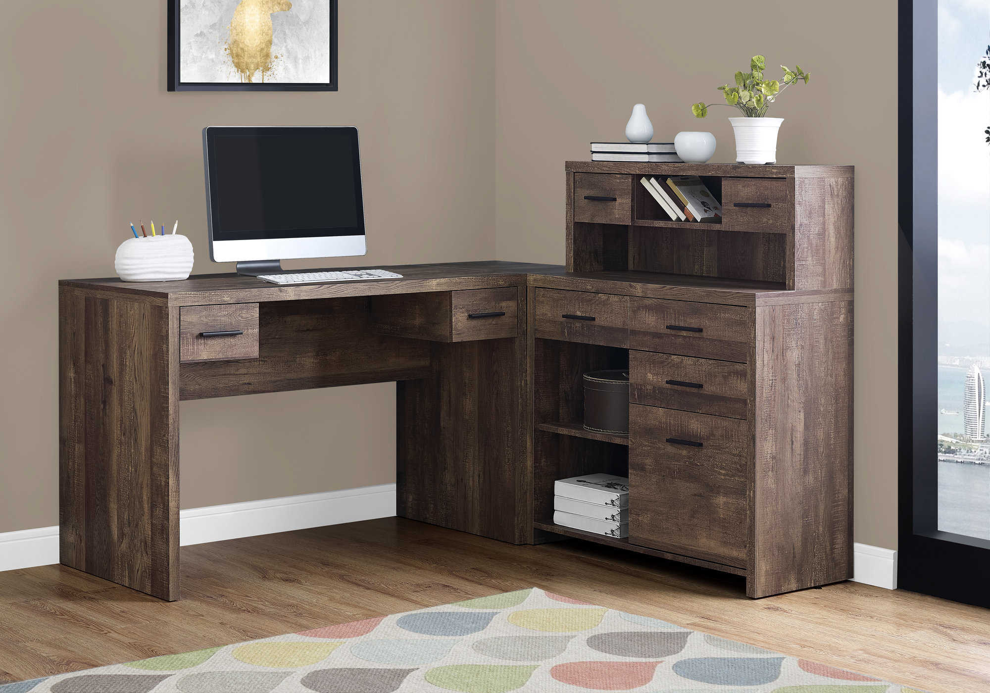 Image of computer desk - brown reclaimed wood l/r facing corner i 7427.