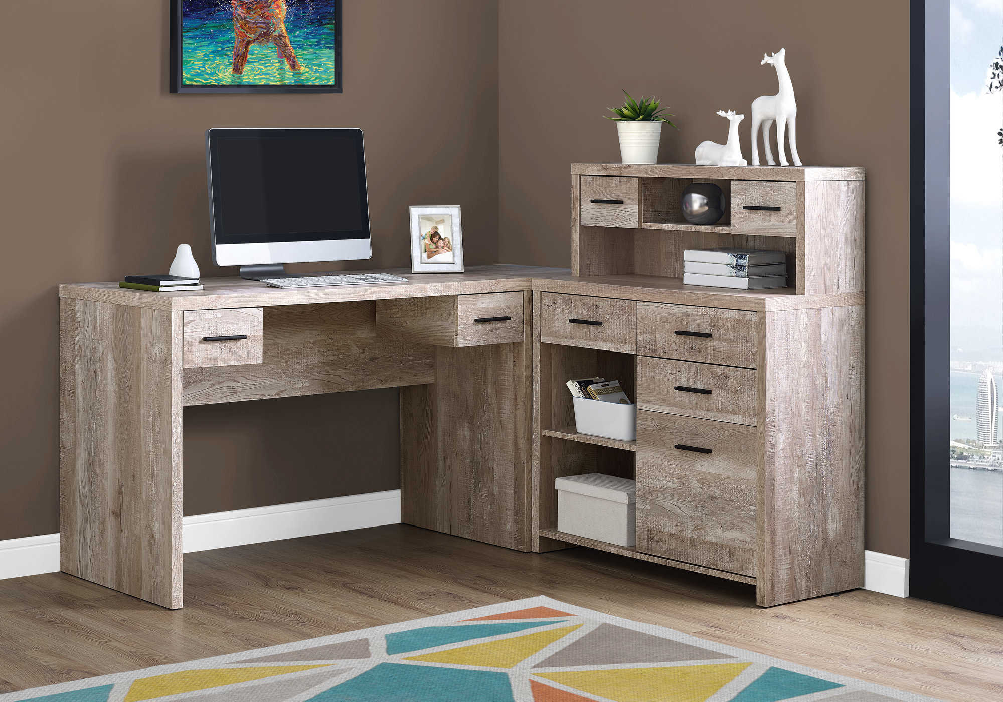 Image of computer desk - taupe reclaimed wood l/r facing corner i 7429.