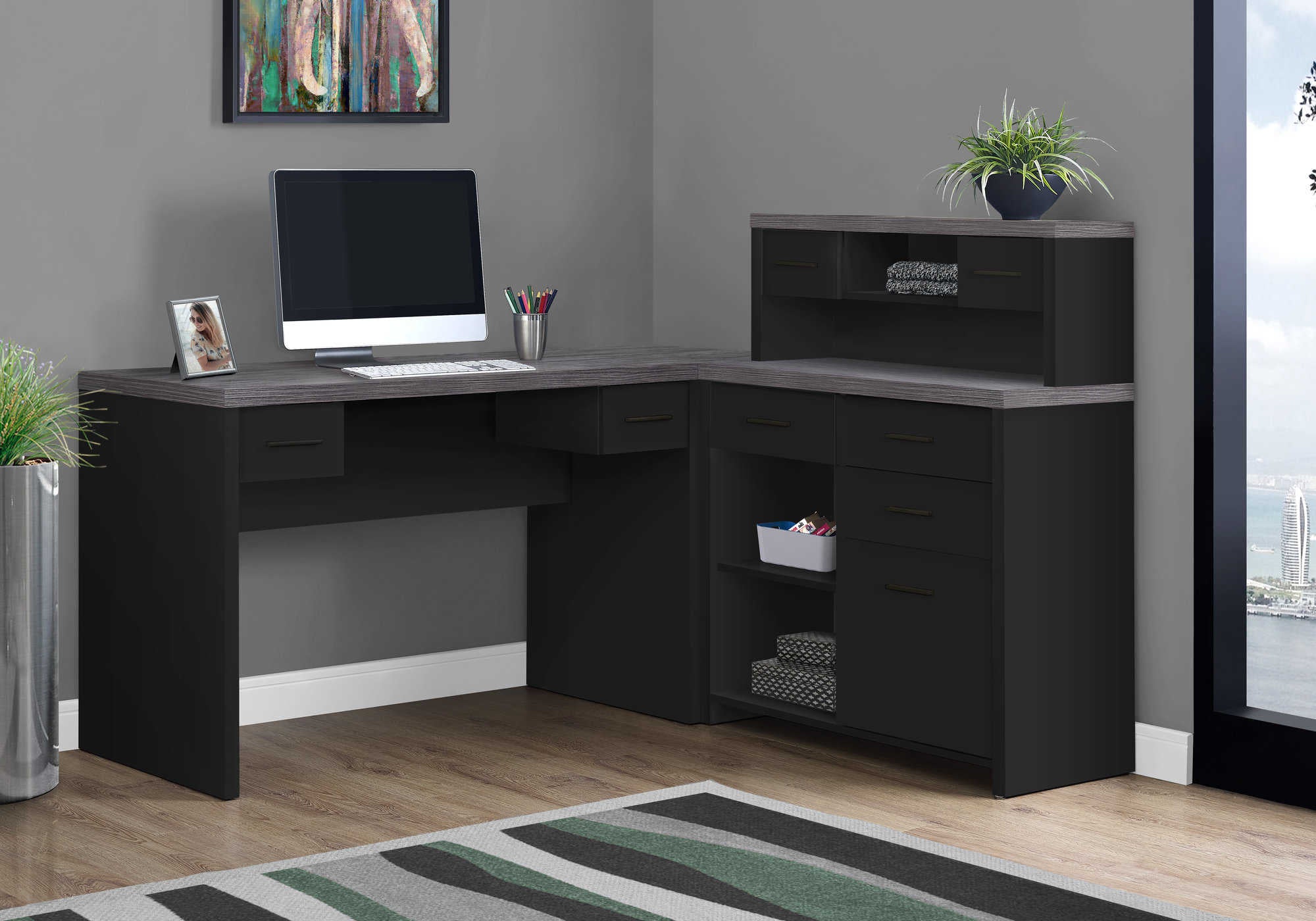 Image of computer desk - black / grey top left/right facing corner i 7430.