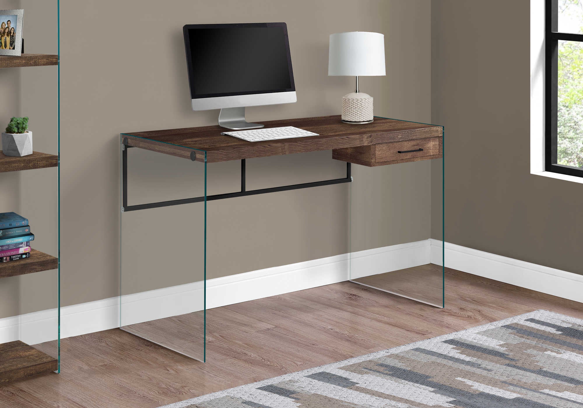 Image of computer desk - 48"l / brown reclaimed wood/ glass panels i 7444.