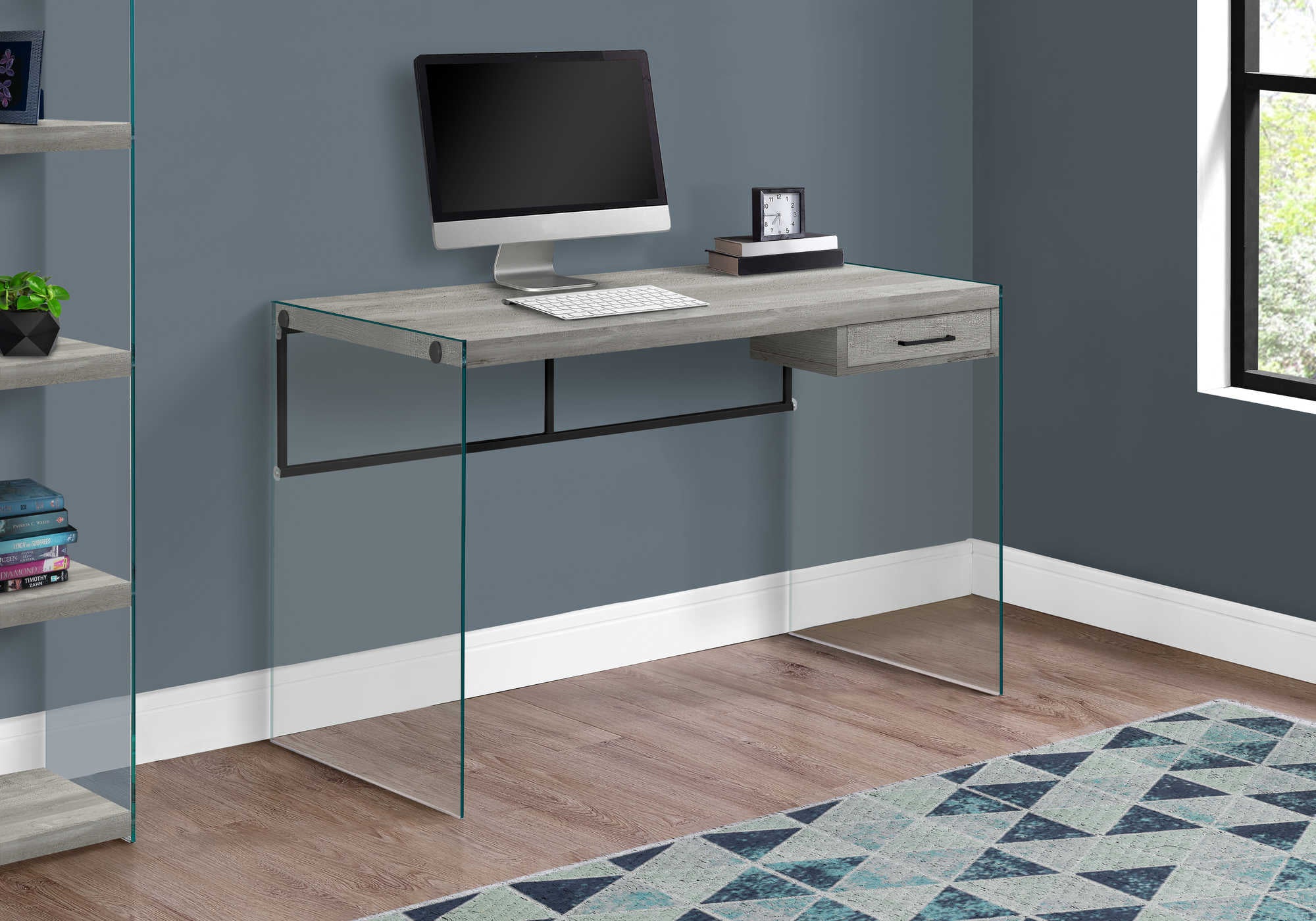 Image of computer desk - 48"l / grey reclaimed wood / glass panels i 7445.