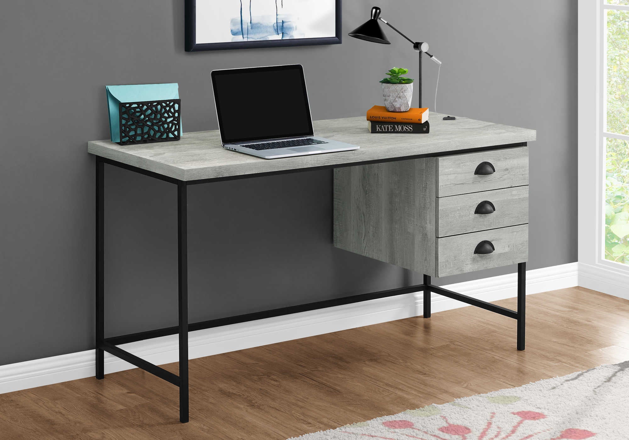 Image of computer desk - 55"l / grey reclaimed wood / black metal i 7486.