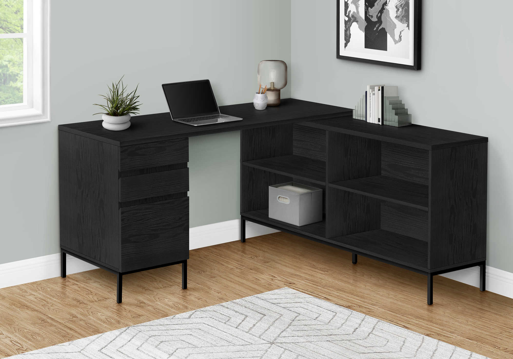 Image of computer desk - 60"l / black oak l-shaped corner i 7493.