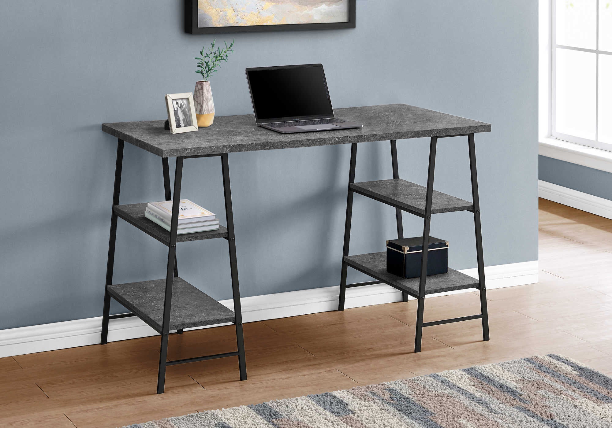 Image of computer desk - 48"l / grey stone-look / black metal i 7526.