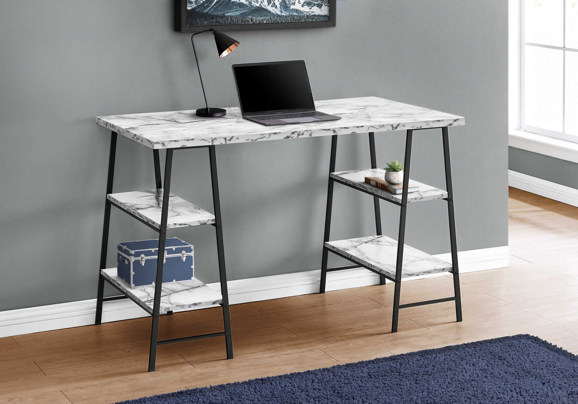 Image of computer desk - 48"l / white marble-look / black metal i 7527.