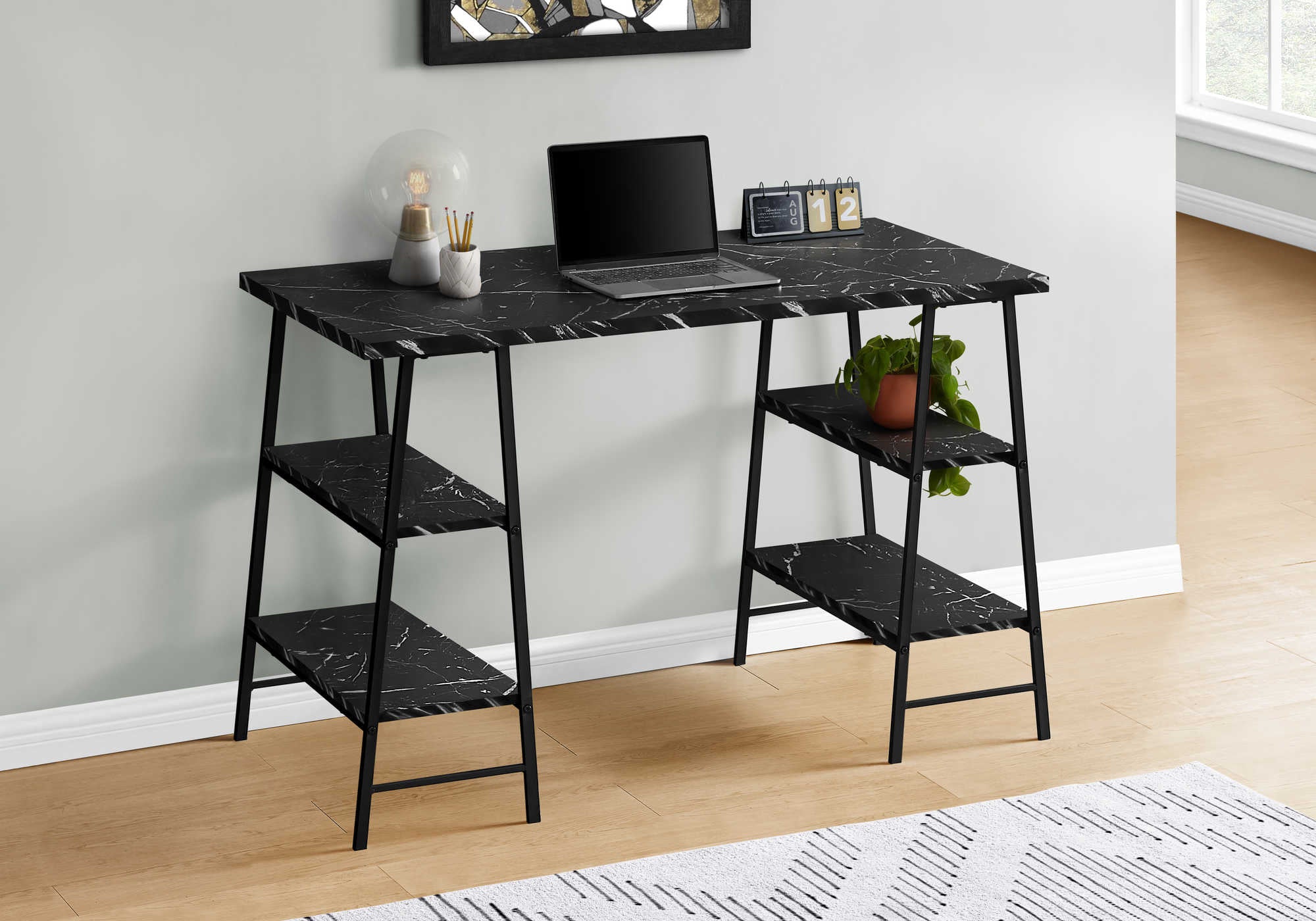 Image of computer desk - 48"l / black marble-look / black metal i 7528.