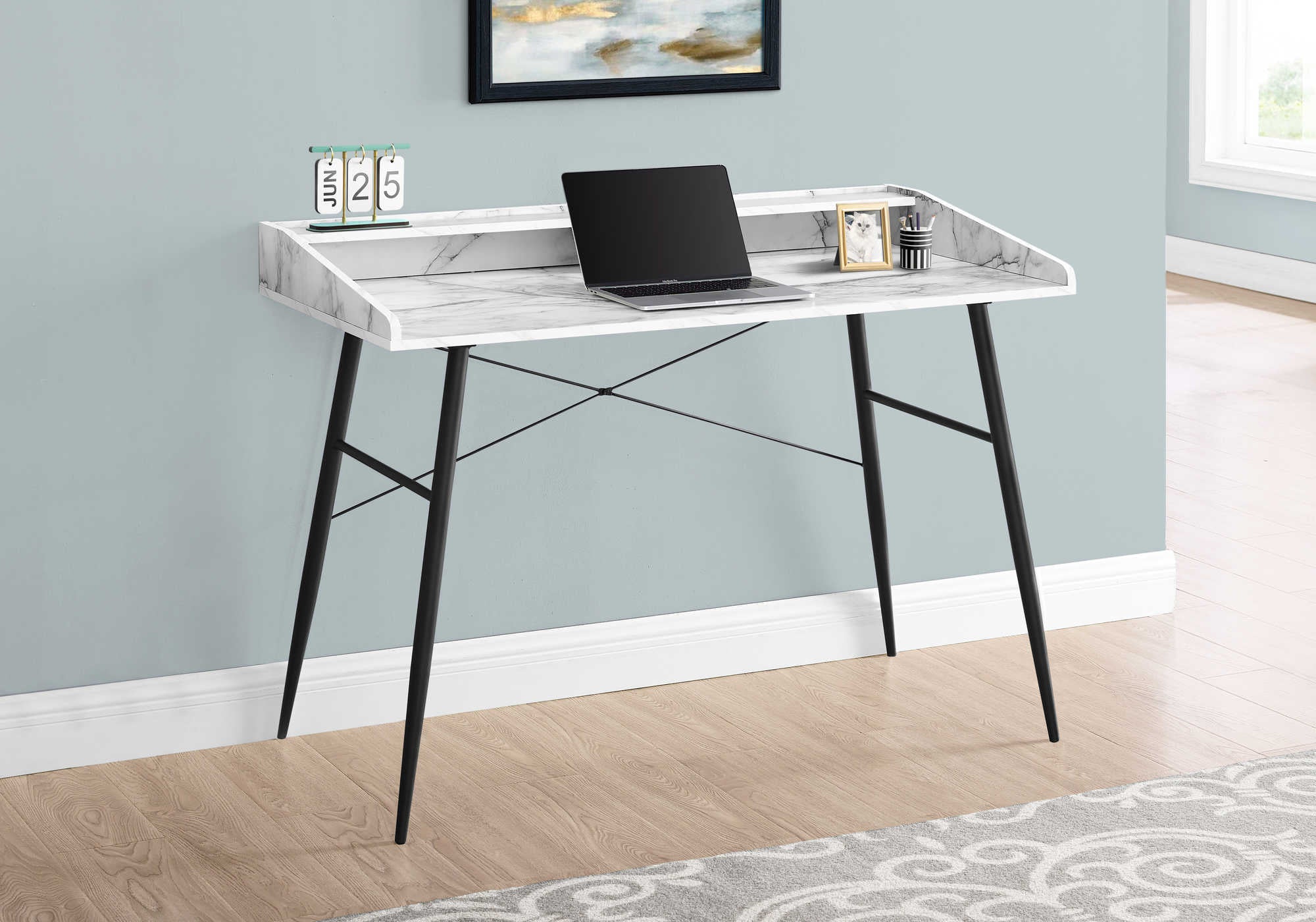 Image of computer desk - 48"l / white marble-look / black metal i 7539.