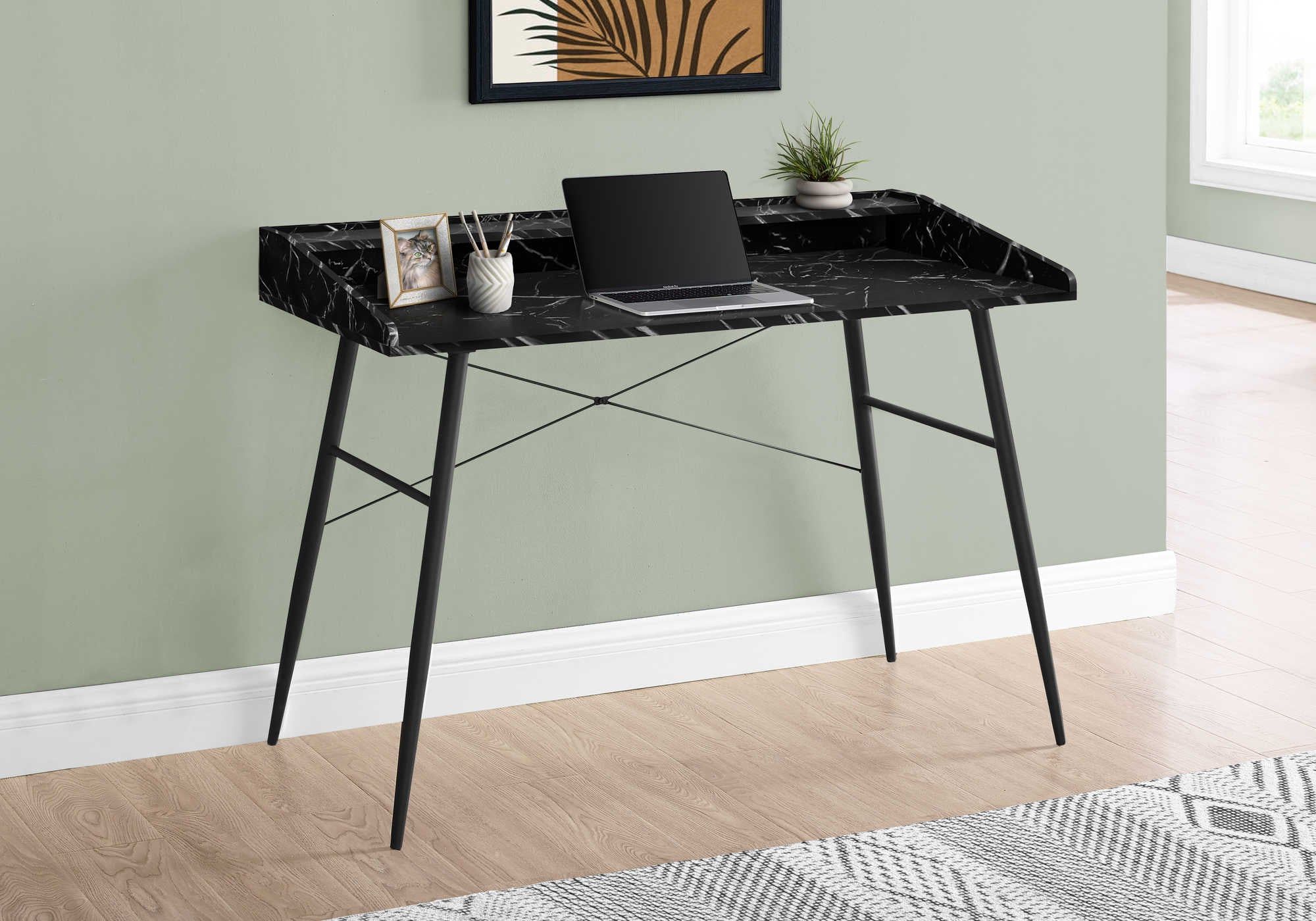 Image of computer desk - 48"l / black marble-look / black metal i 7542.