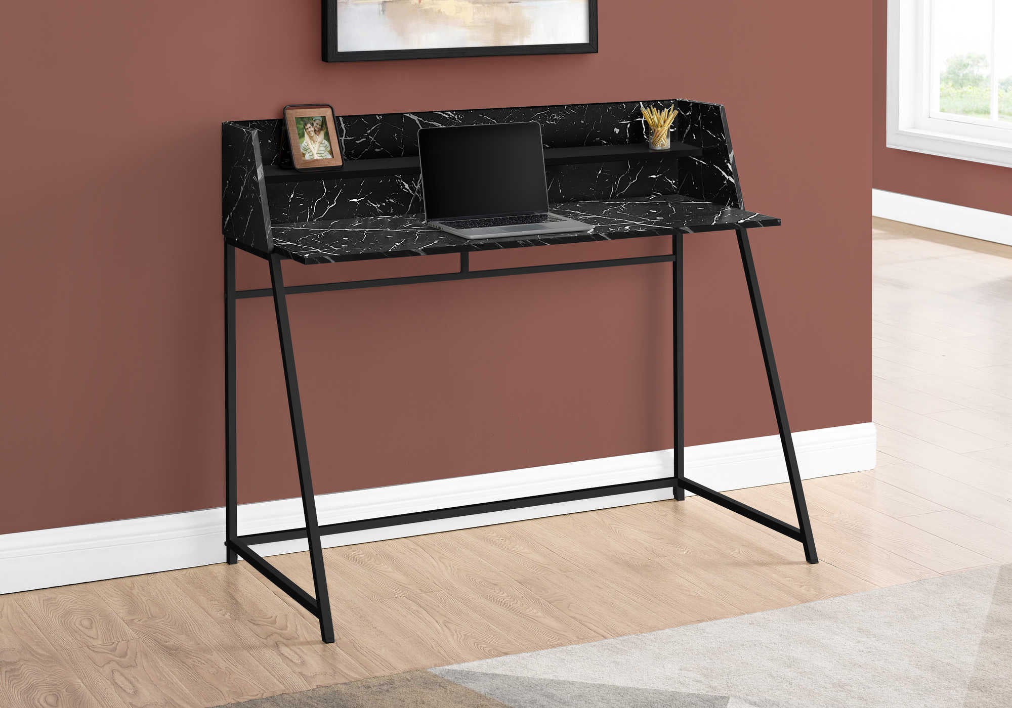 Image of computer desk - 48"l / black marble-look / black metal i 7544.