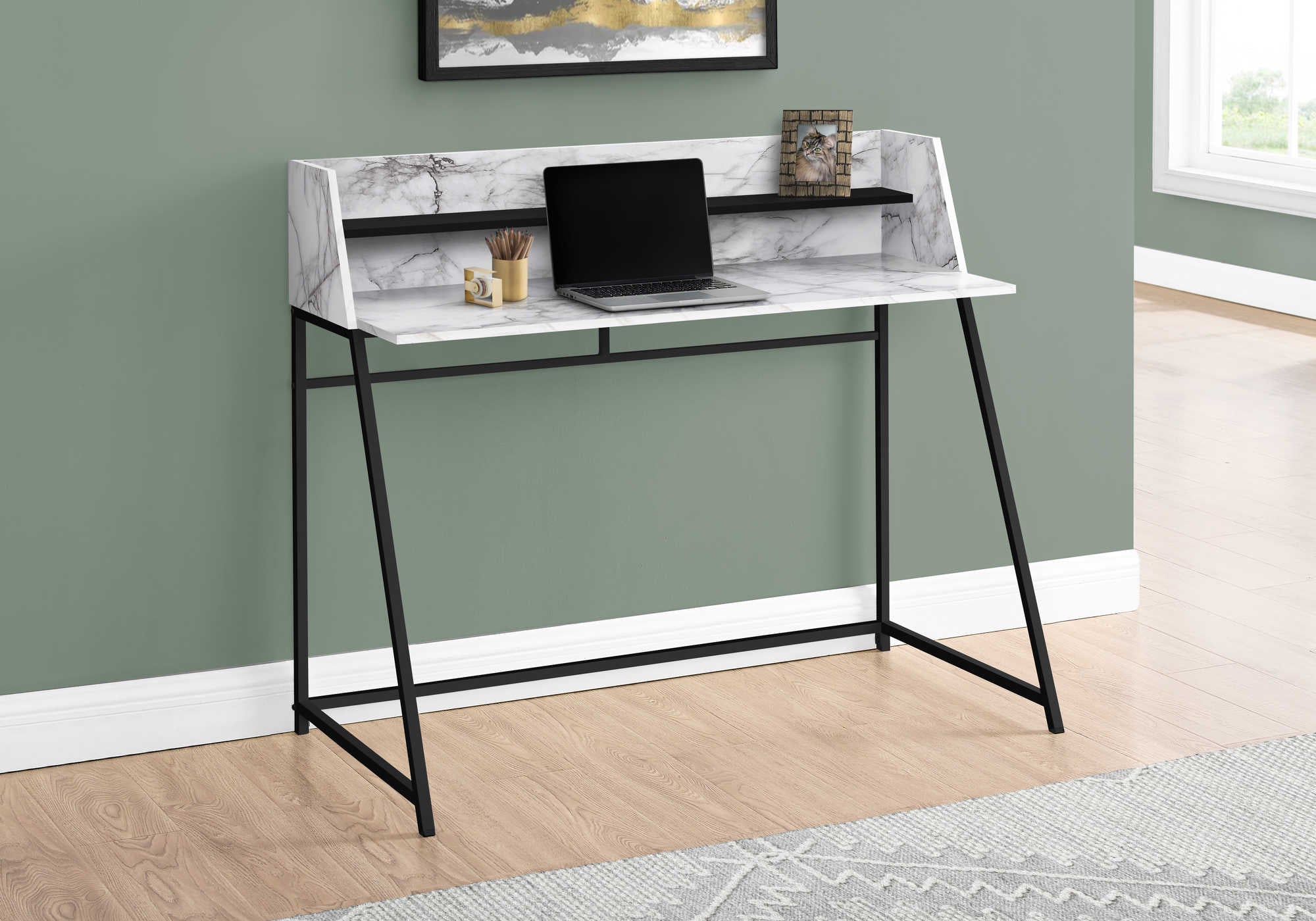 Image of computer desk - 48"l / white marble-look / black metal i 7549.