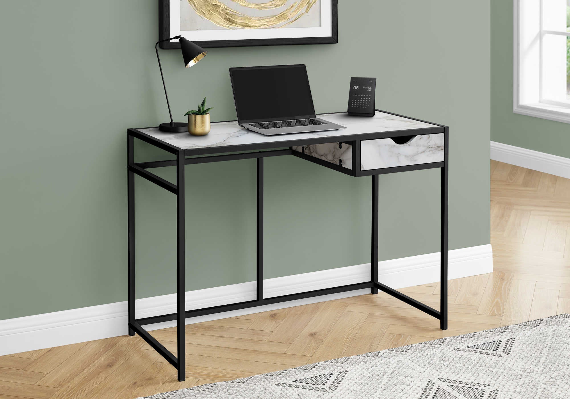 Image of computer desk - 42"l / white marble-look / black metal i 7571.