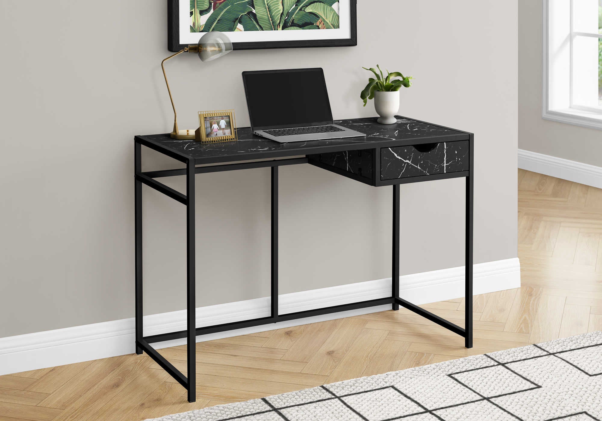 Image of computer desk - 42"l / black marble-look / black metal i 7572.