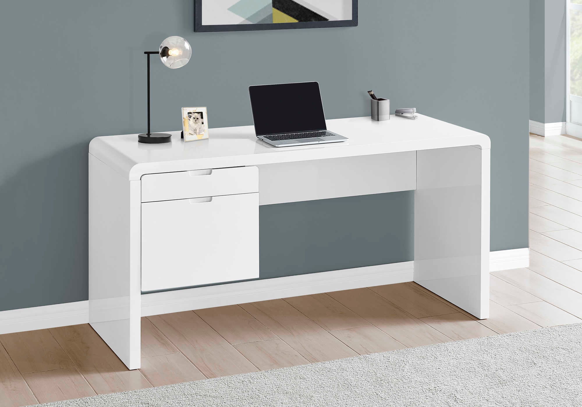 Image of computer desk - 60"l / high glossy white l/r face drawer i 7581.