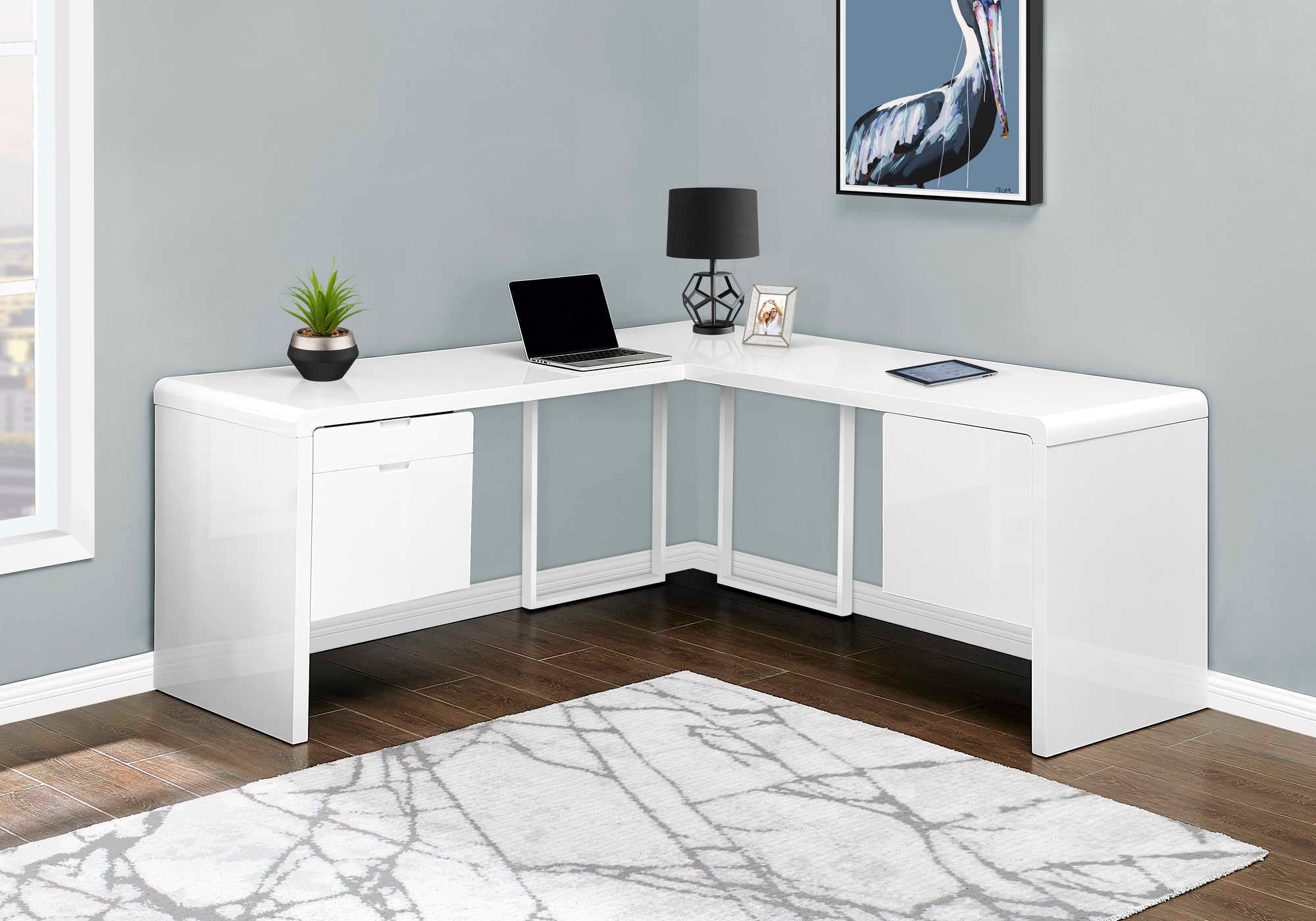Image of computer desk - 72"l / high glossy white left/ right face i 7582.
