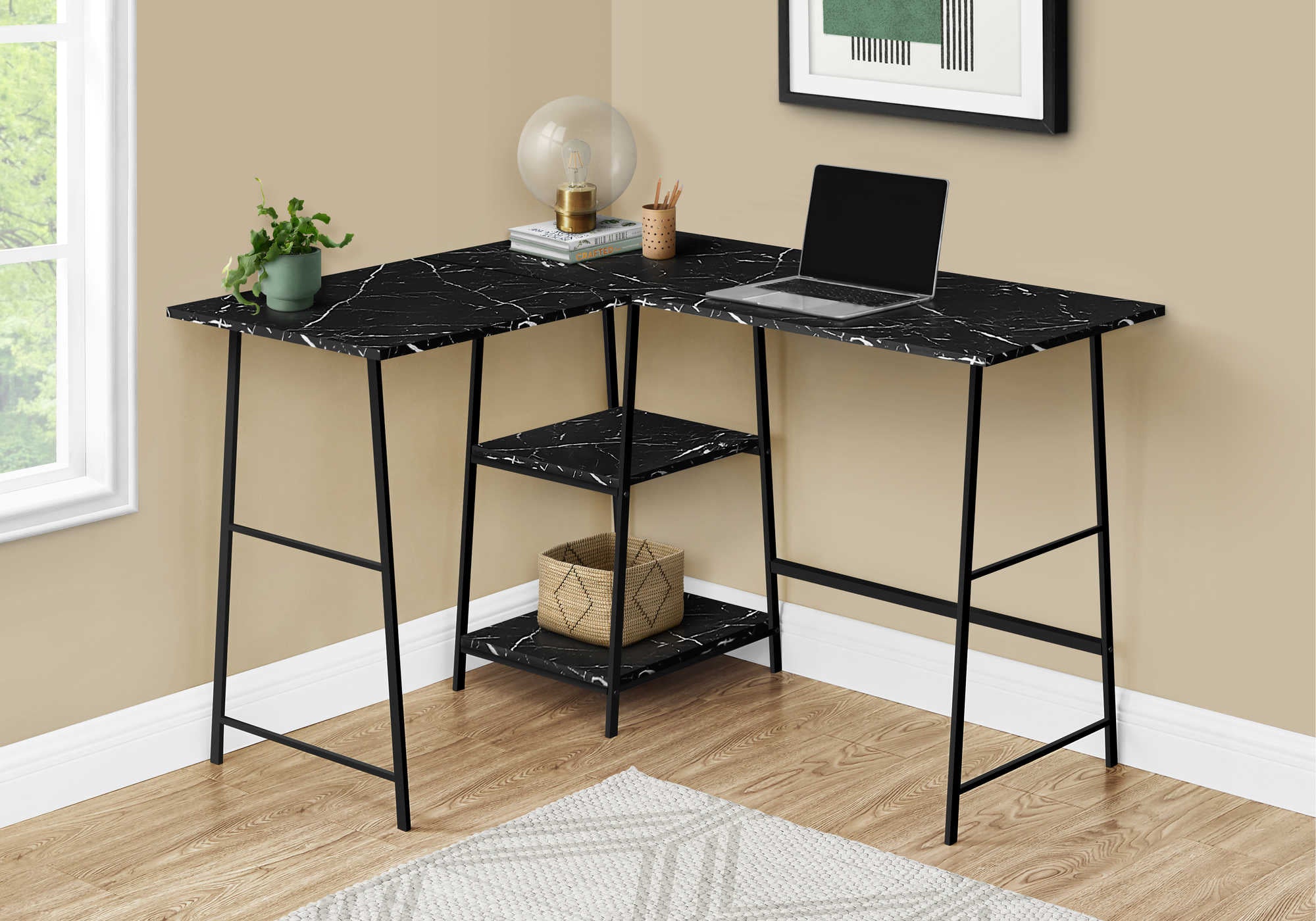 Image of computer desk - 48"l / black marble / black metal corner i 7594.