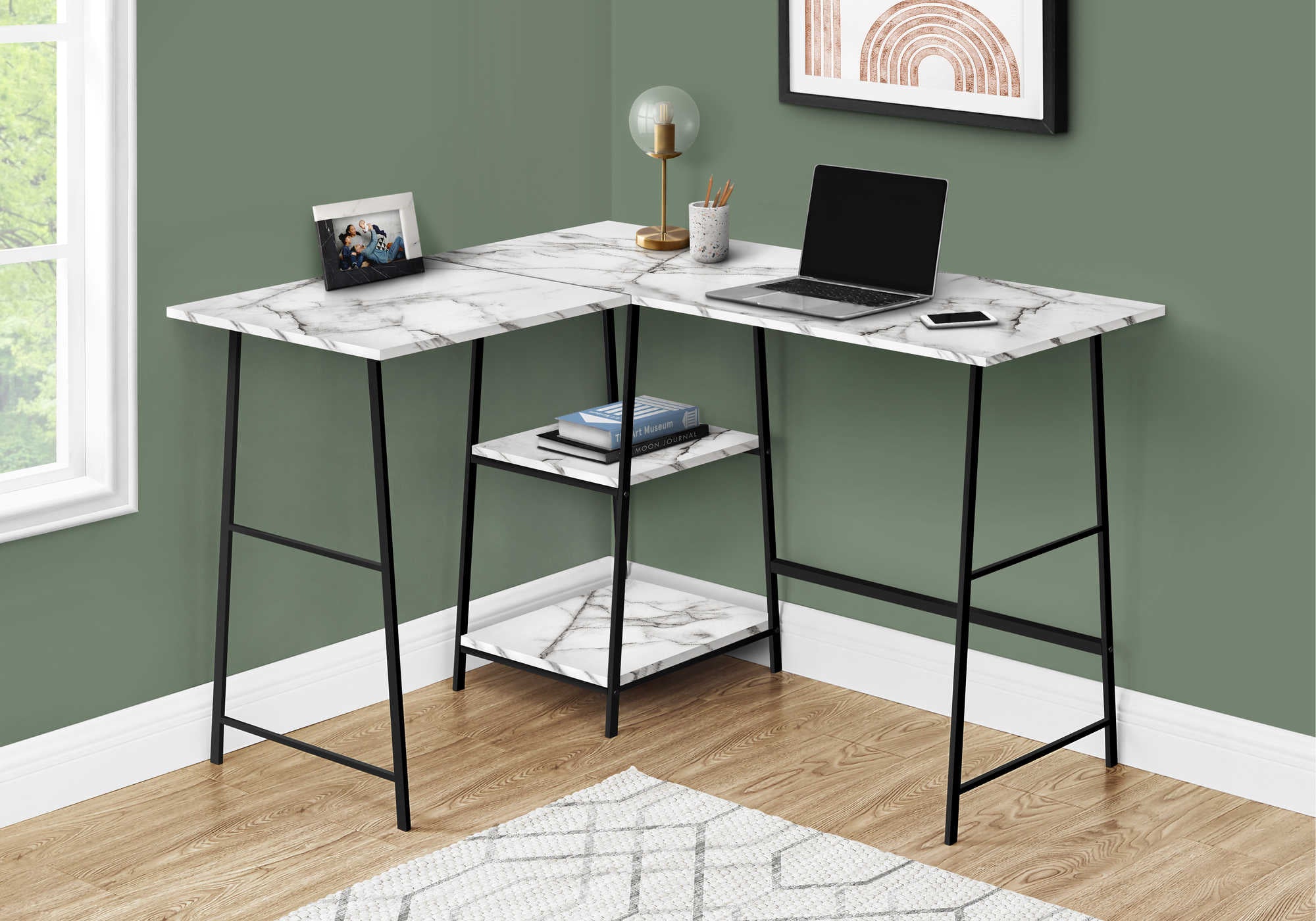 Image of computer desk - 48"l / white marble / black metal corner i 7595.
