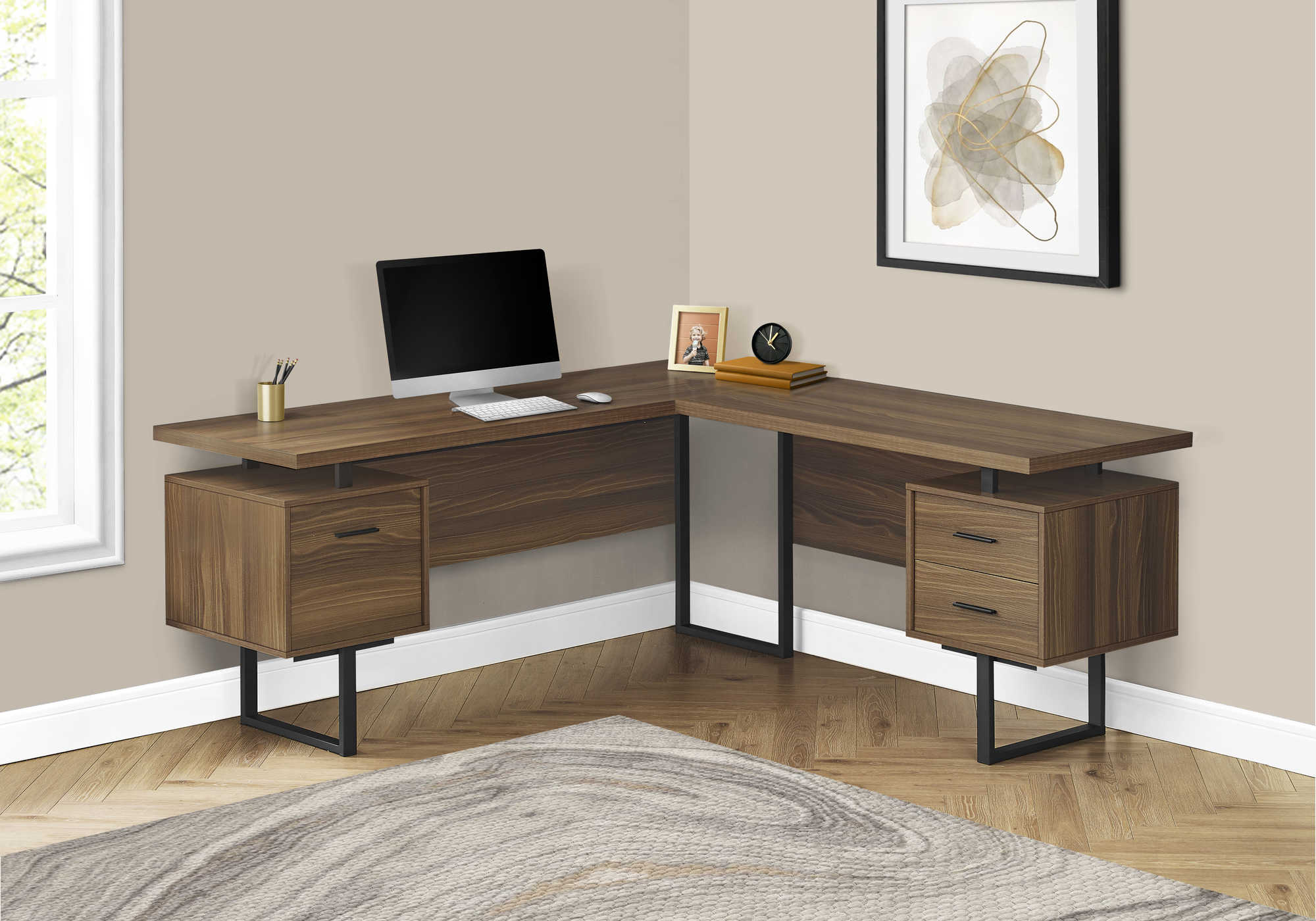 Image of computer desk - 70"l / walnut / black metal / l/r face i 7610.