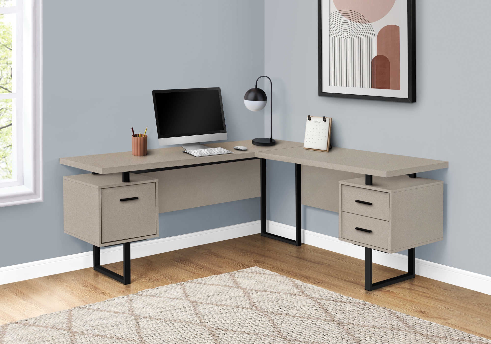 Image of computer desk - 70"l / modern taupe / black metal / l/r i 7614.