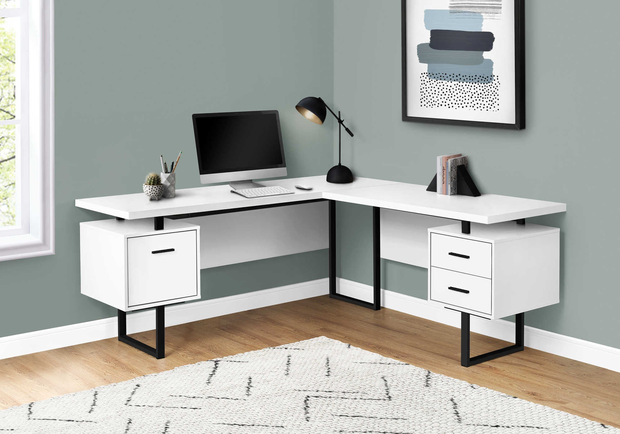 Image of computer desk - 70"l / white / black metal / l/r face i 7616.