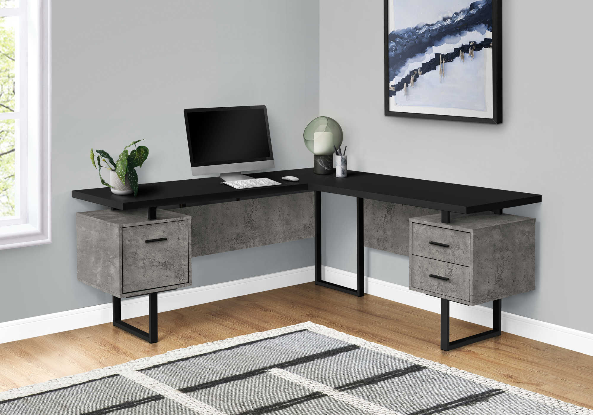 Image of computer desk - 70"l / black/ concrete/ black metal / l/r i 7617.