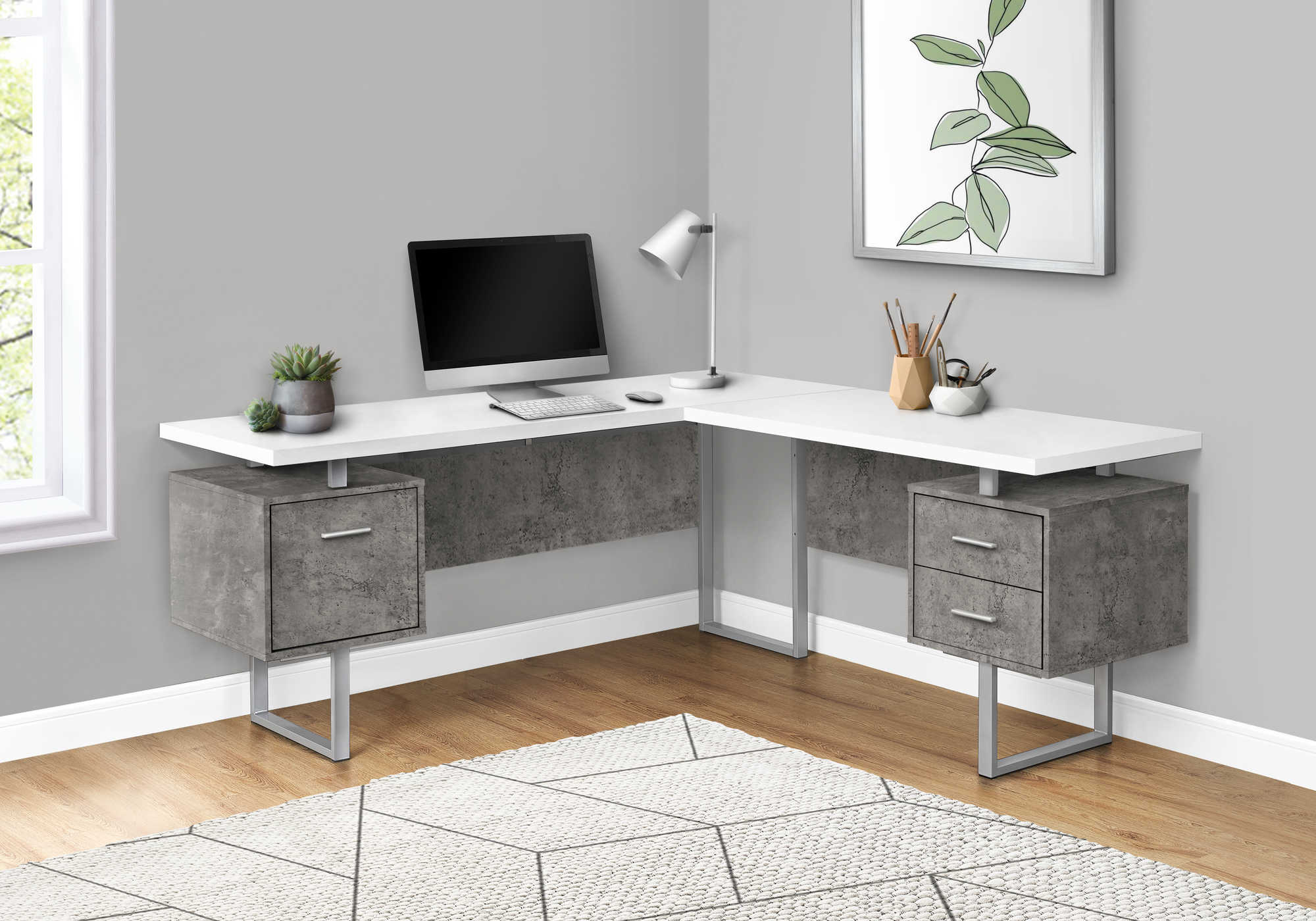 Image of computer desk - 70"l / white/ concrete/ silver metal/ l/r i 7618.