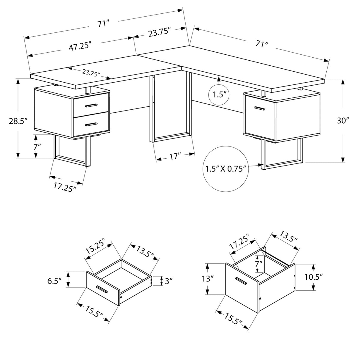 BUREAU - 70"L / BLANC / SIMILI-CIMENT/ METAL ARGENT / L/R – I 7618