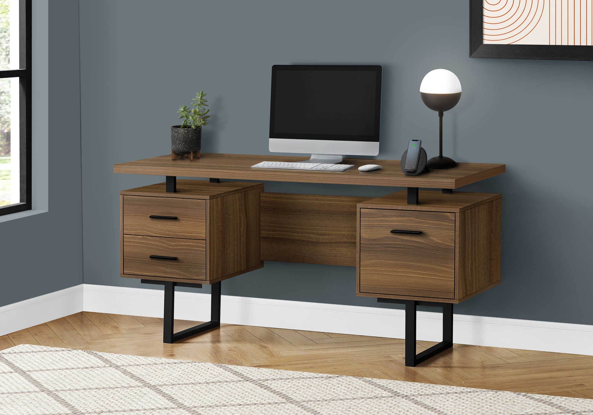 Image of computer desk - 60"l / walnut / black metal i 7625.