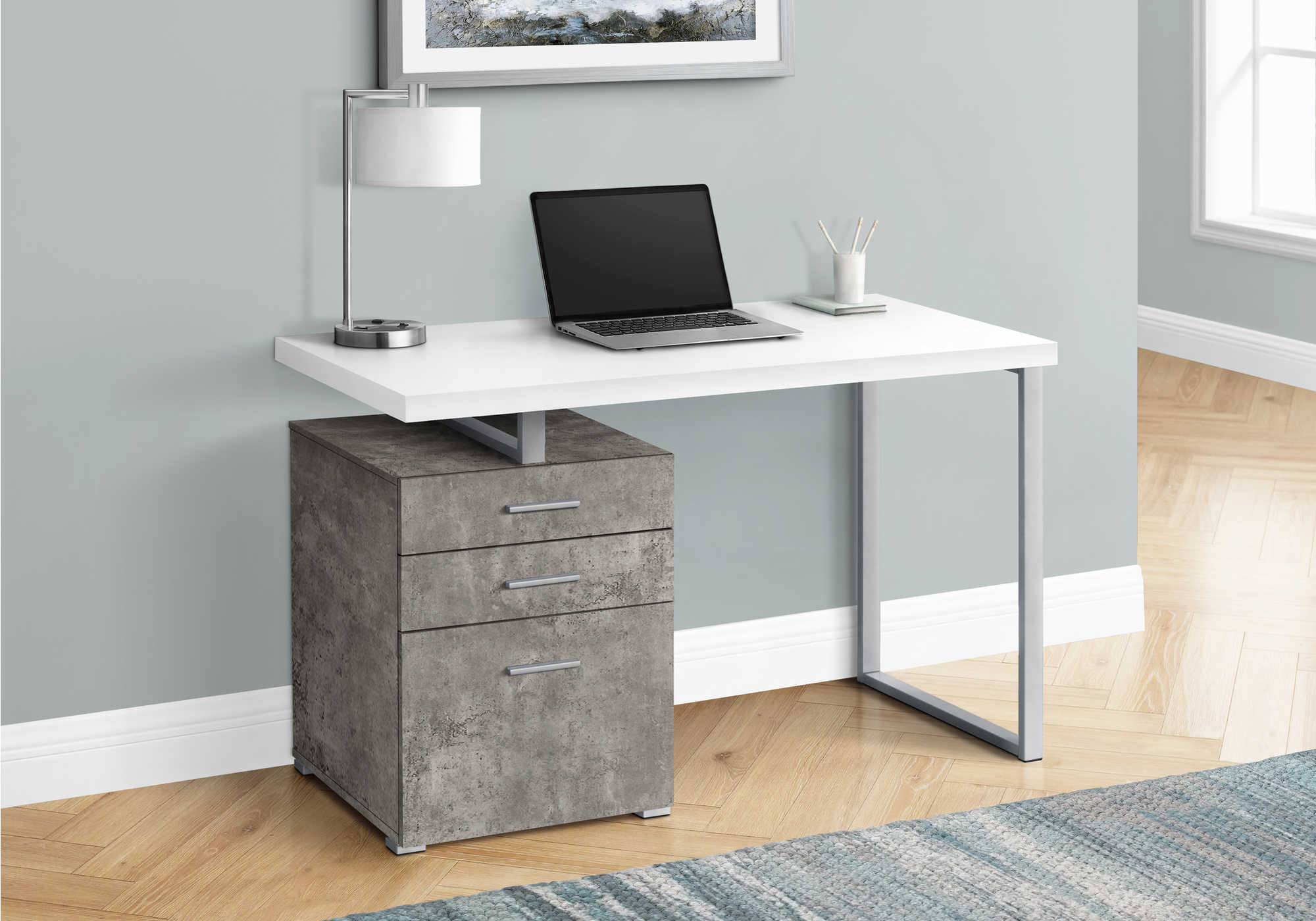 Image of computer desk - 48"l / white/ concrete/ silver metal/ l/r i 7648.