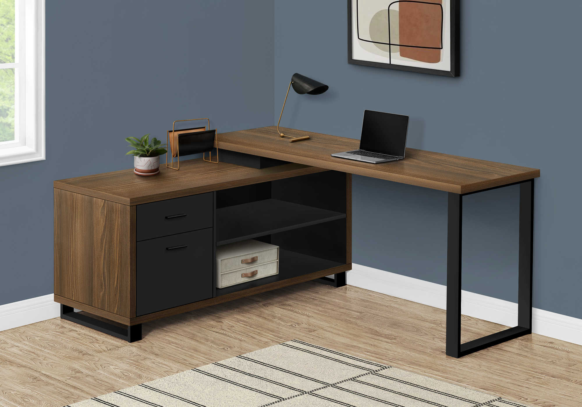 Image of computer desk - 72"l walnut / black executive corner i 7711.