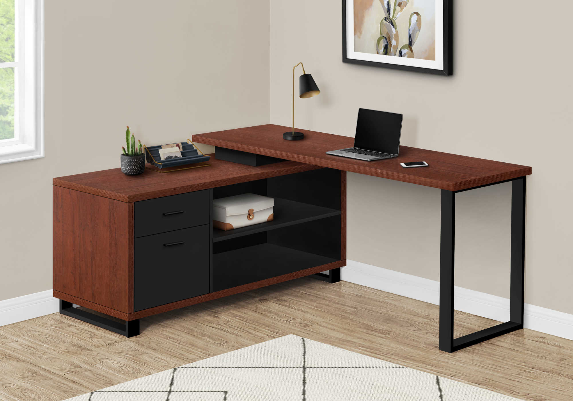 Image of computer desk - 72"l cherry / black executive corner i 7713.