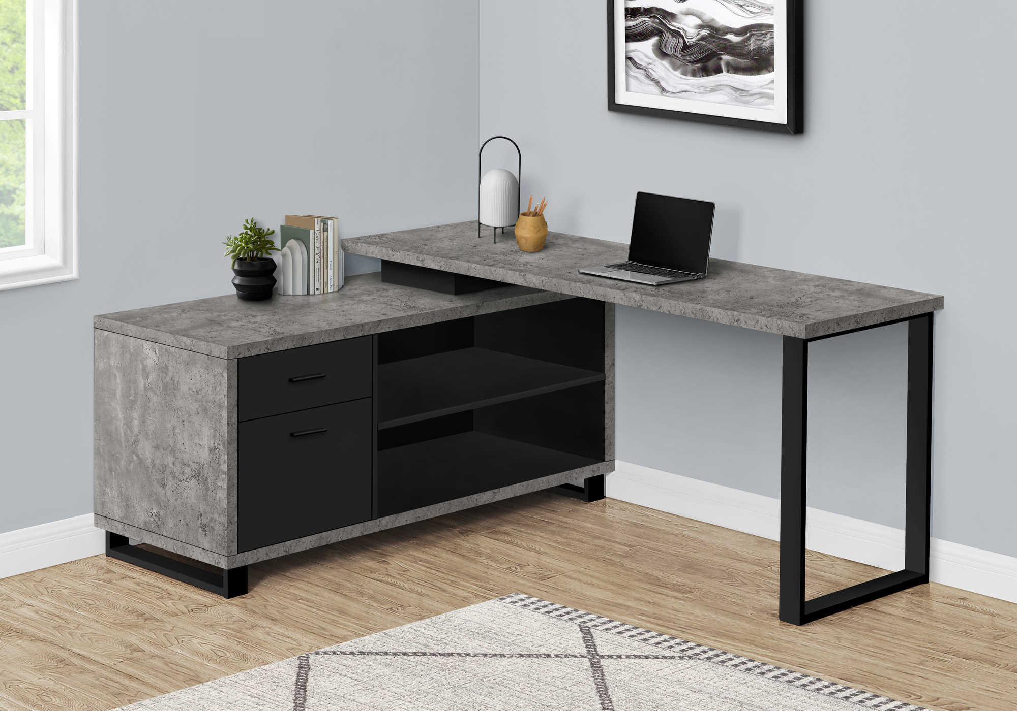 Image of computer desk - 72"l grey concrete/black executive corner i 7714.