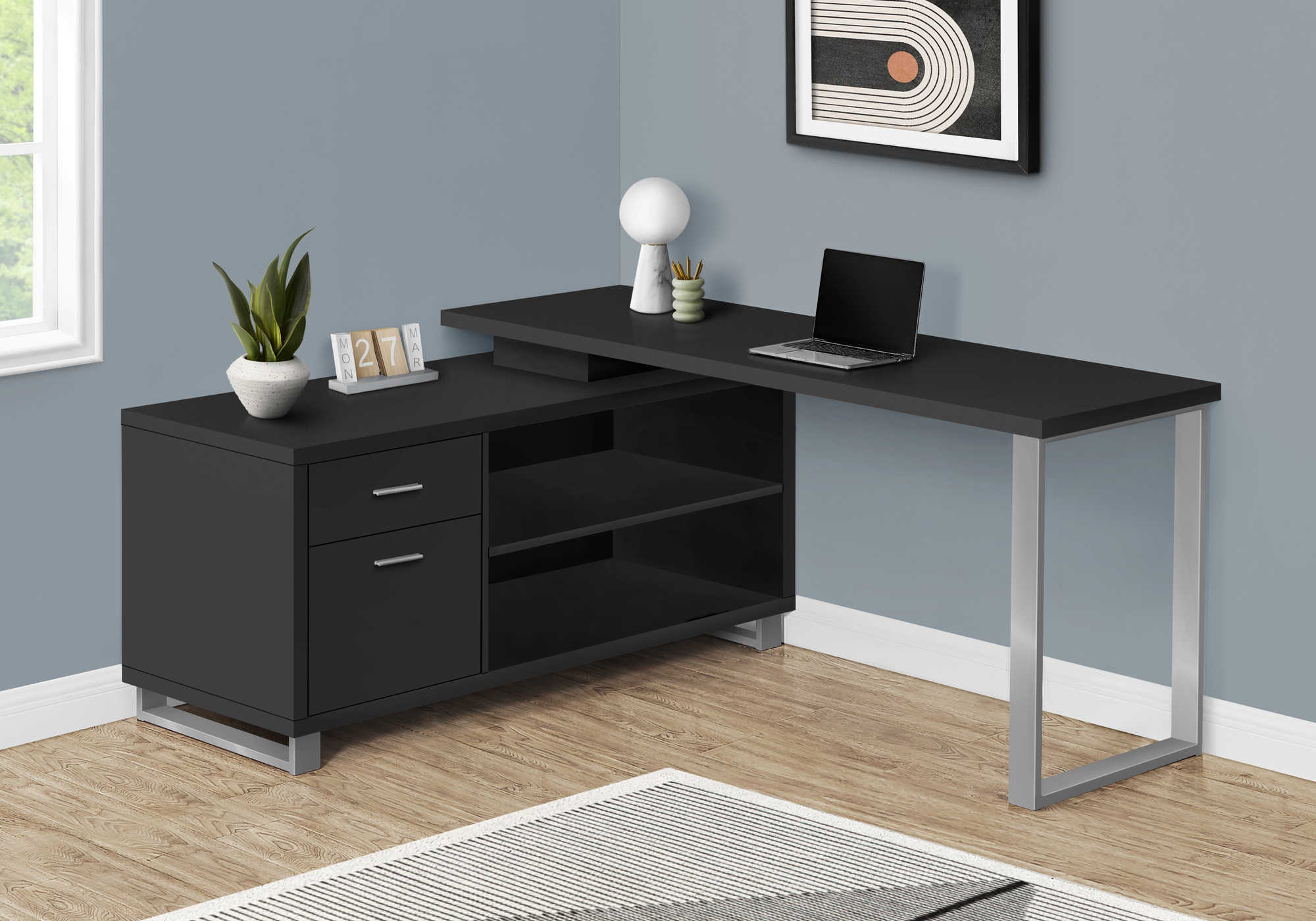 Image of computer desk - 72"l black / silver executive corner i 7717.