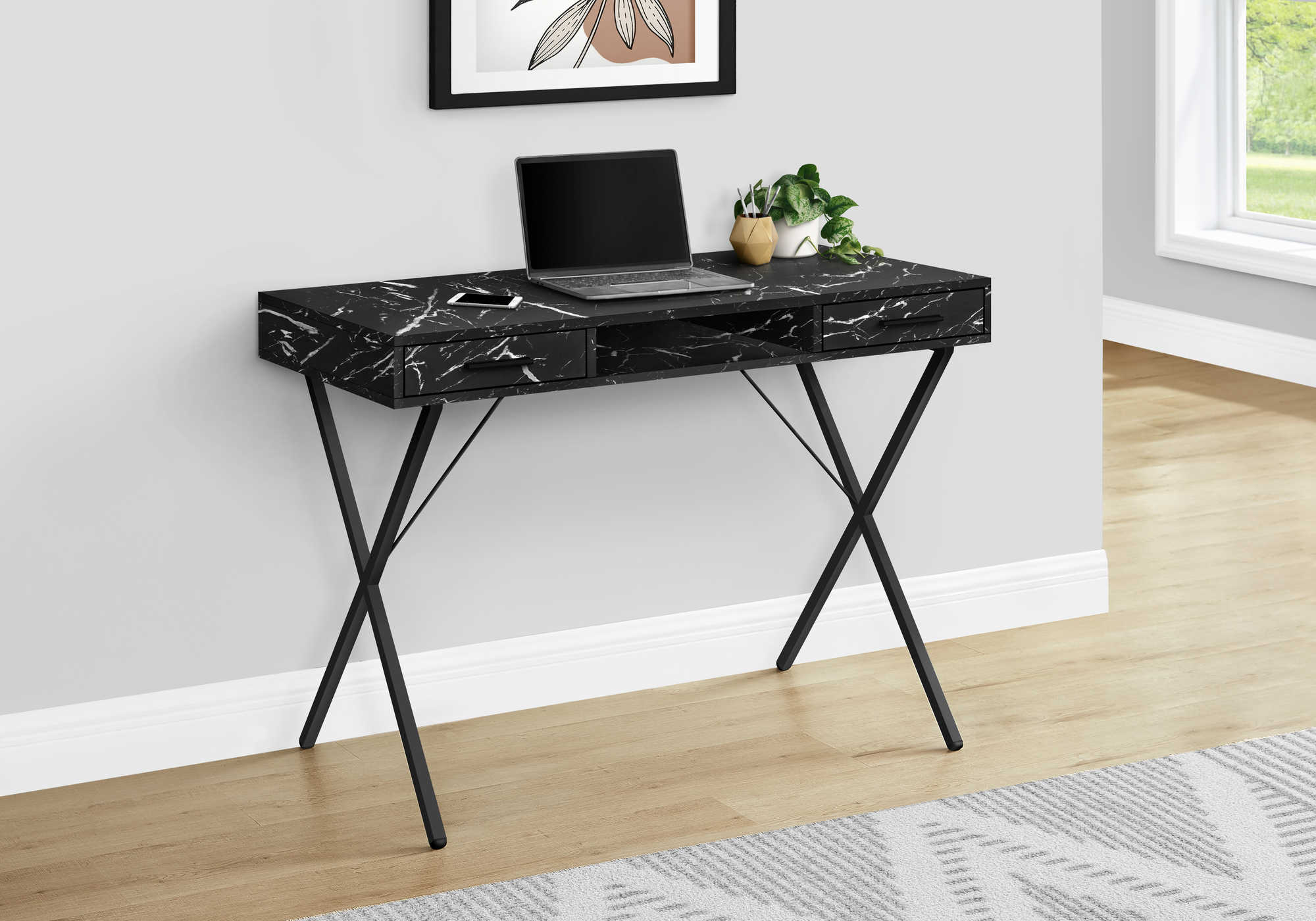Image of computer desk - 42"l / black marble / black metal i 7793.