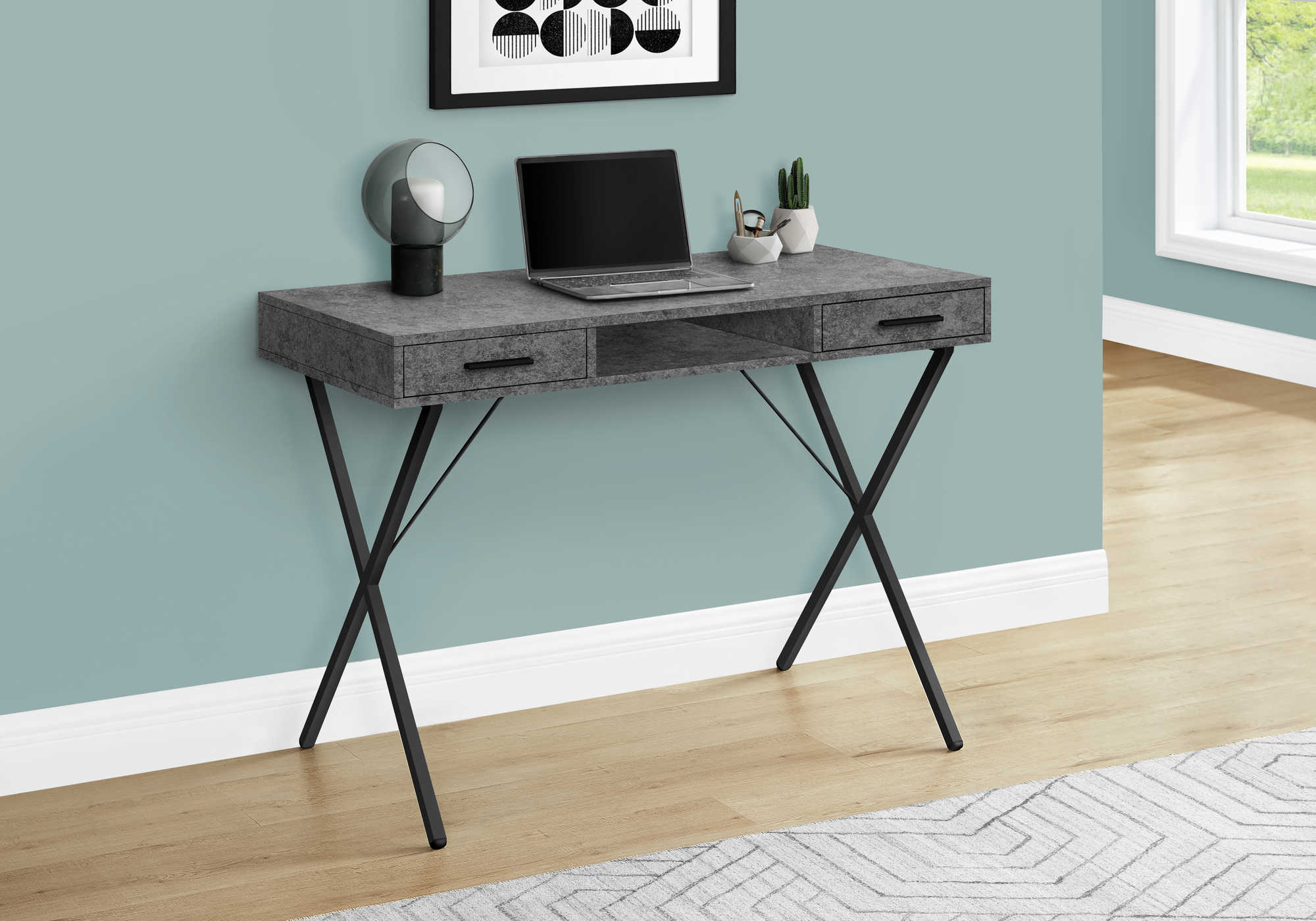 Image of computer desk - 42"l / grey stone-look / black metal i 7795.
