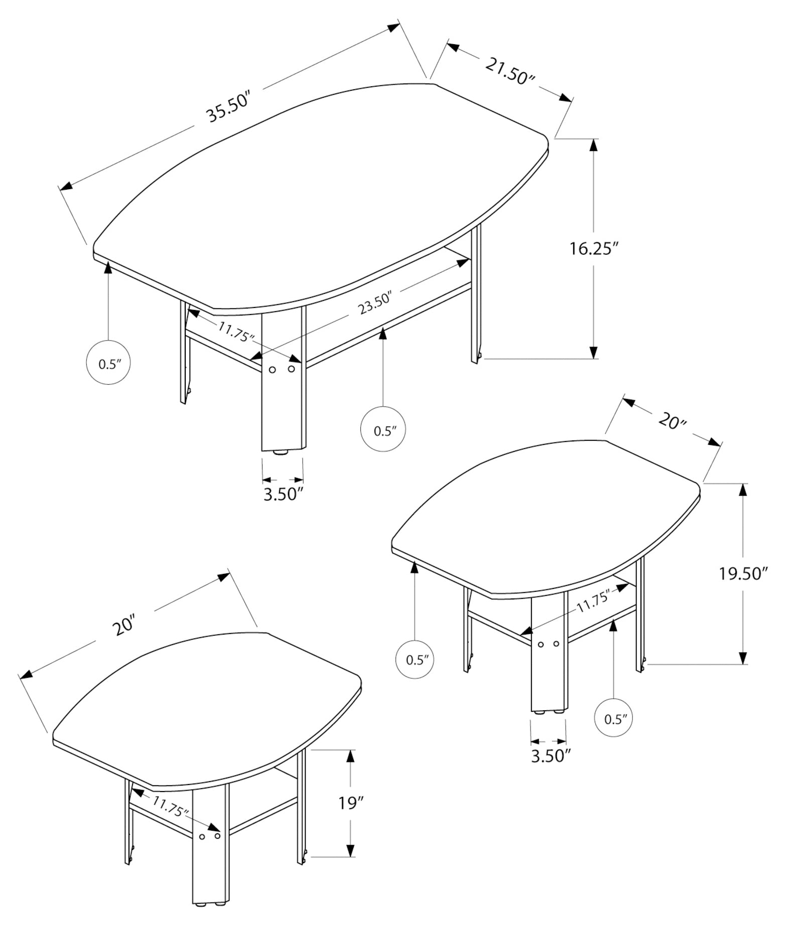 ENS DE TABLES - 3PCS / NOIR / DESSUS GRIS – I 7928P