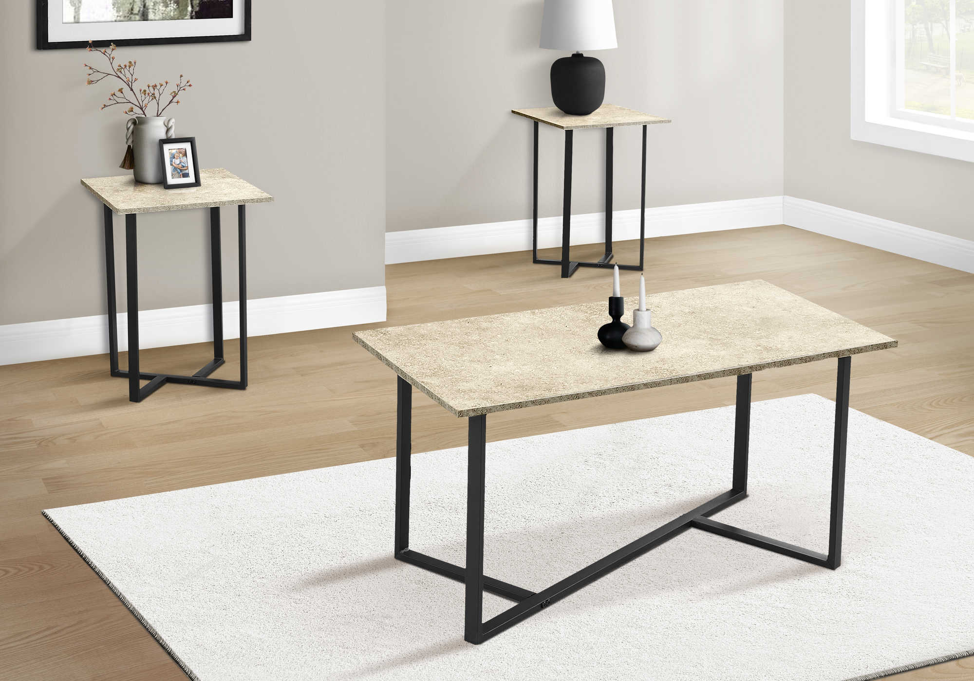 ENS DE TABLES - 3PCS / PIERRE CREME / METAL NOIR – I 7974P
