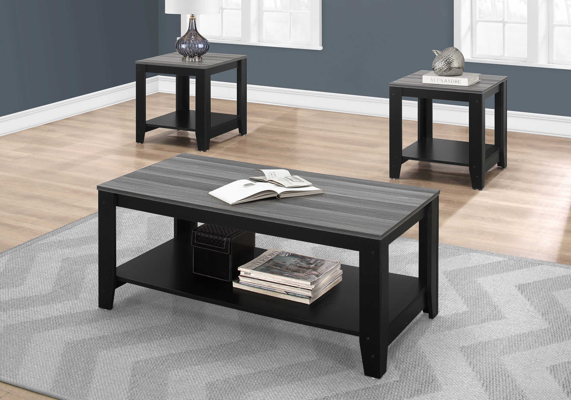 ENS DE TABLES - 3PCS / NOIR / DESSUS GRIS – I 7992P